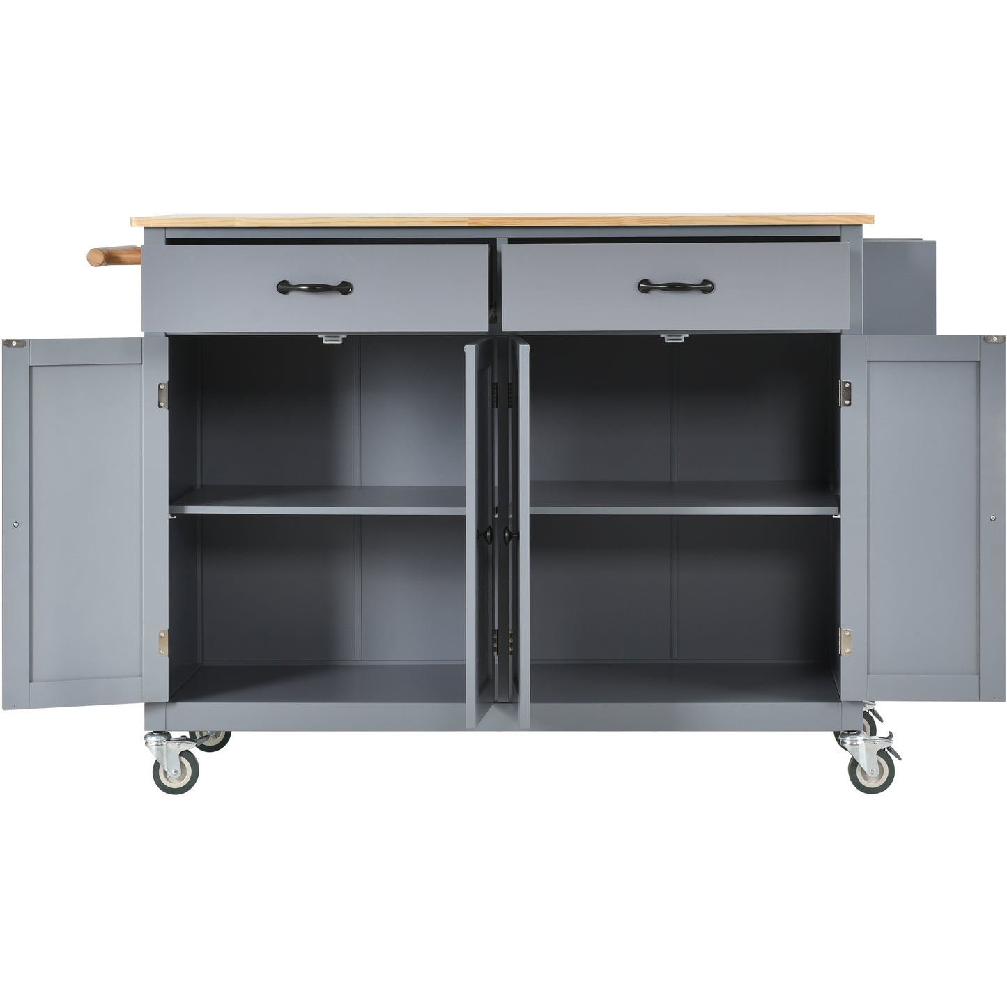 Grey kitchen island cart with wooden top and two drawers