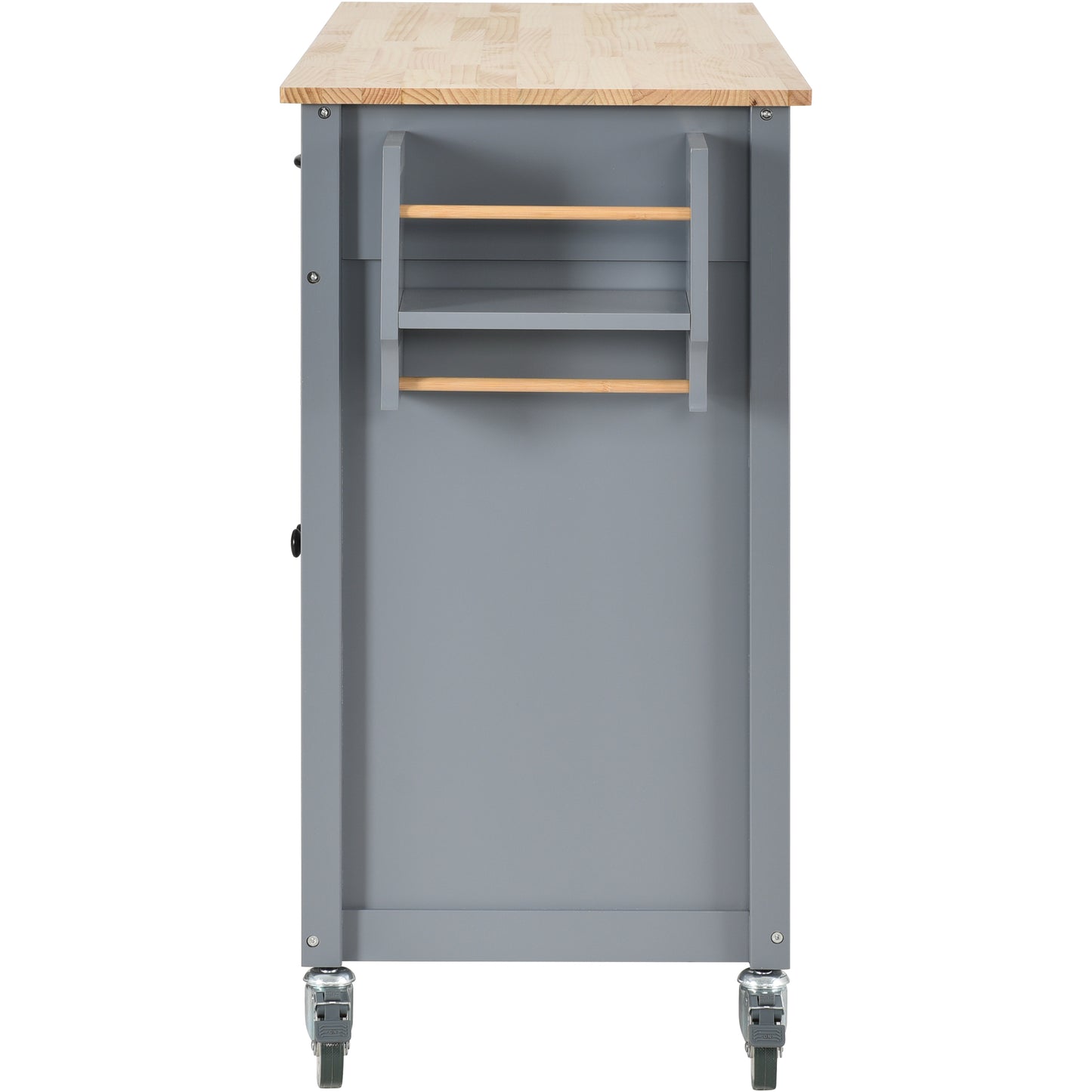 Grey kitchen island cart with butcher block top and two shelves for storage