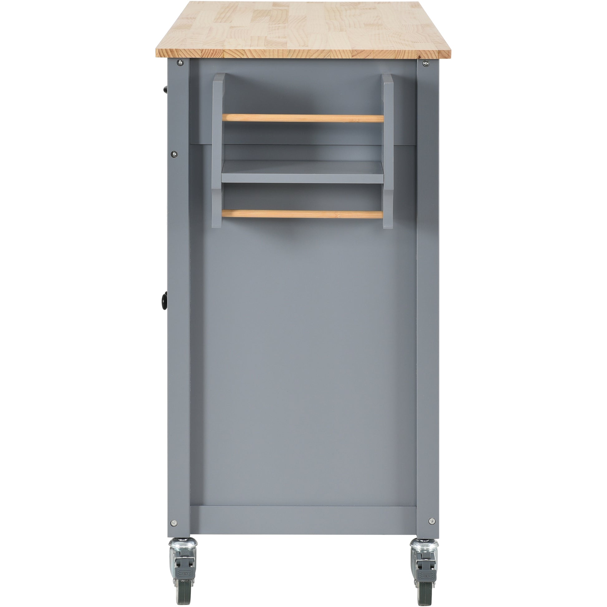 Grey kitchen island cart with butcher block top and two shelves for storage