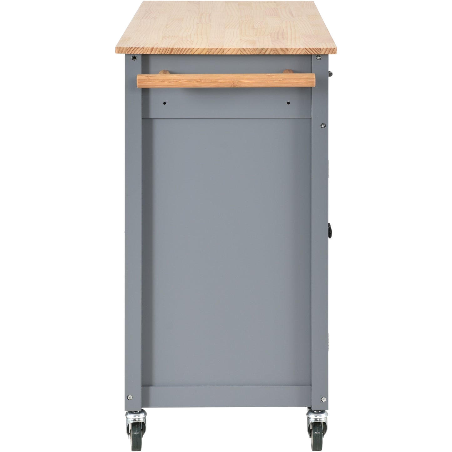 Gray kitchen island cart with butcher block top and bamboo towel bar