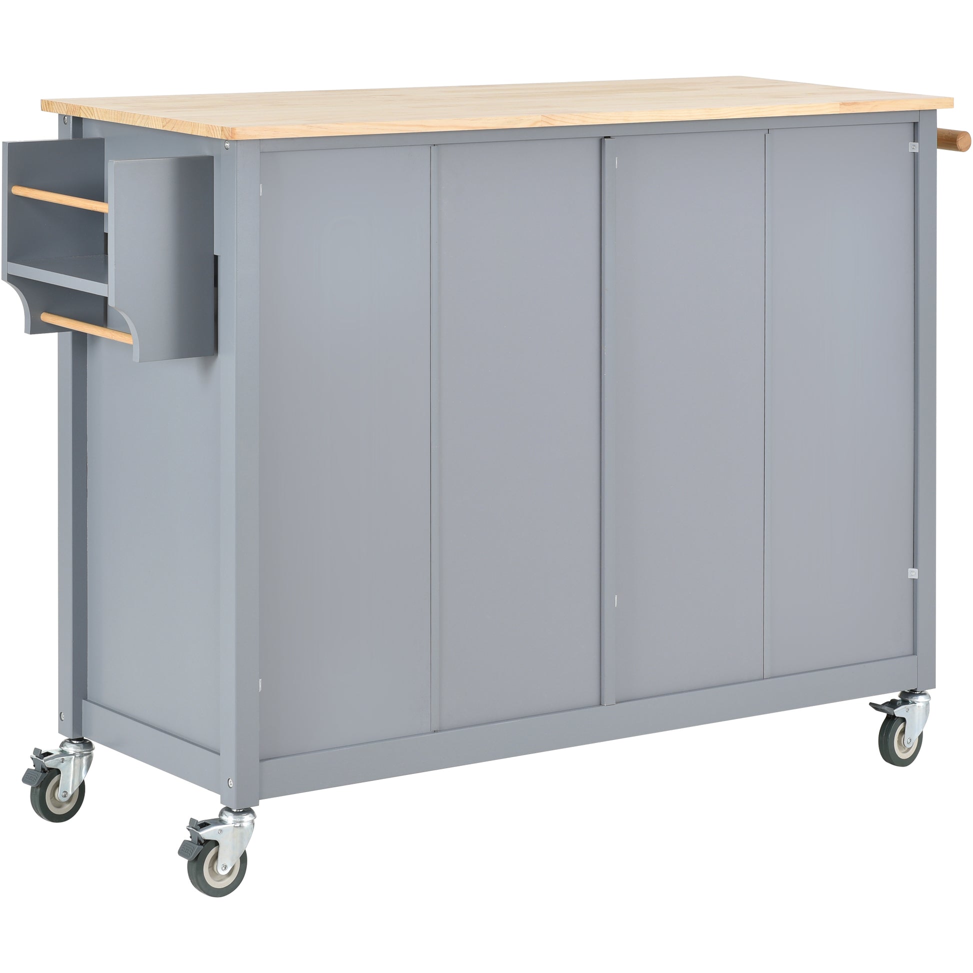 Grey kitchen island cart with a natural wood countertop and wheels