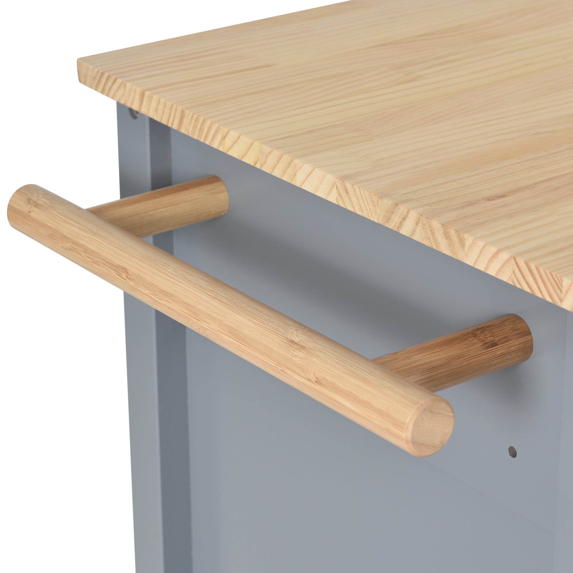 Natural wood towel rack mounted on a grey cabinet