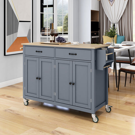 Gray kitchen island with butcher block top and storage cabinets
