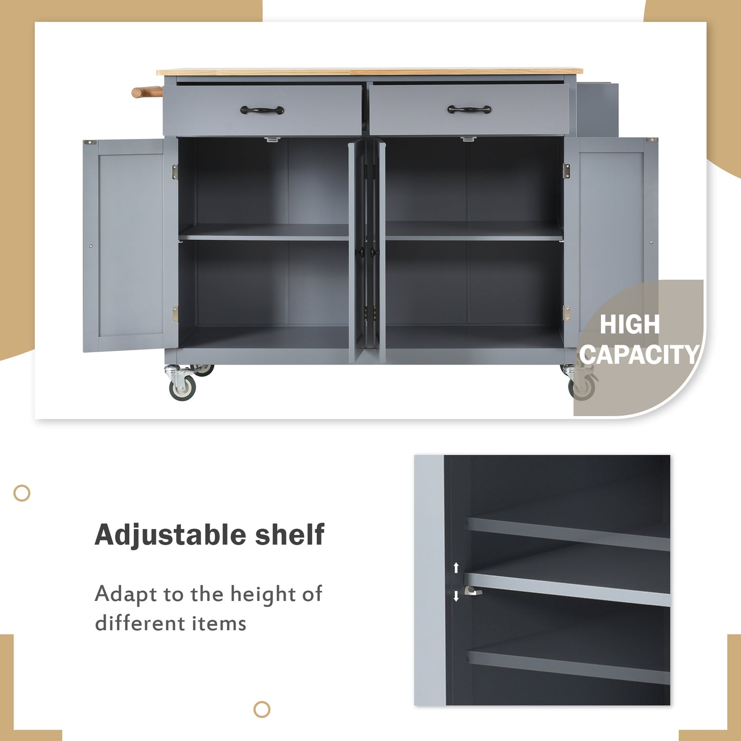 Gray kitchen island cart with two drawers and open cabinets