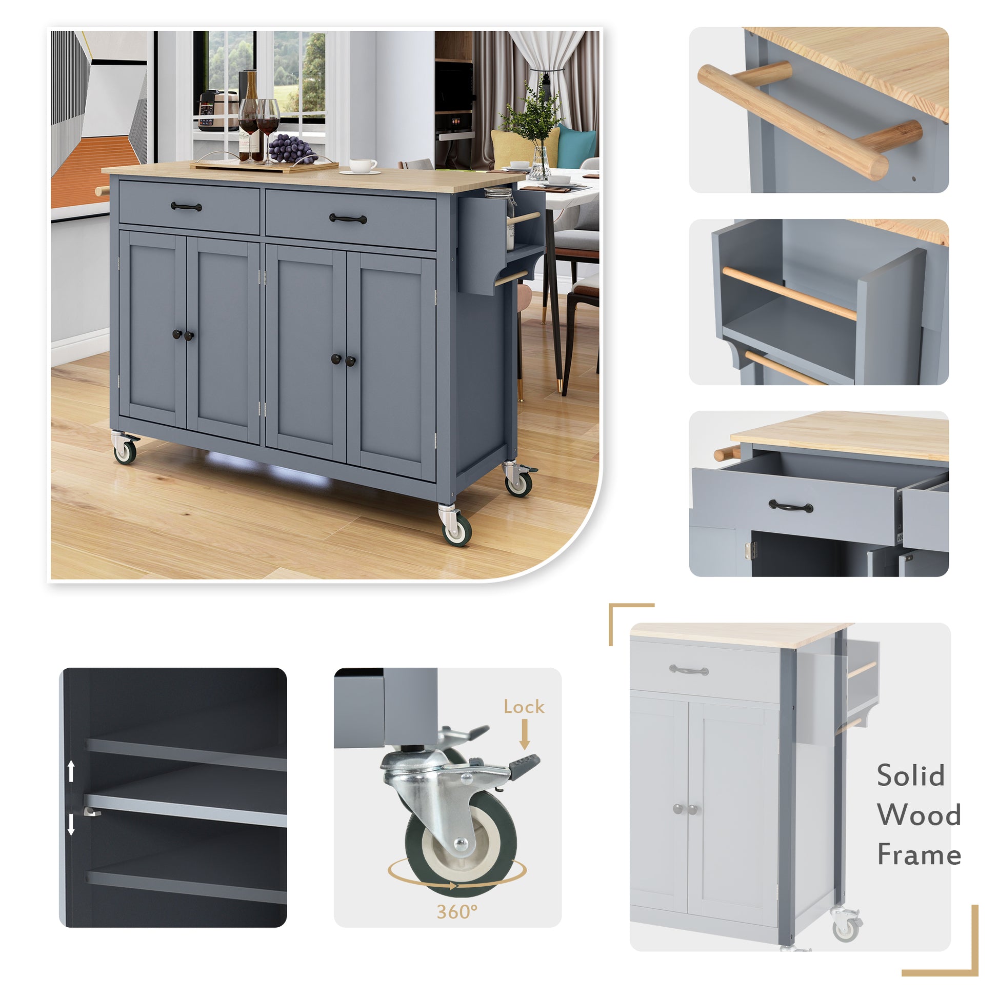 Grey kitchen island cart with natural wood top and storage drawers