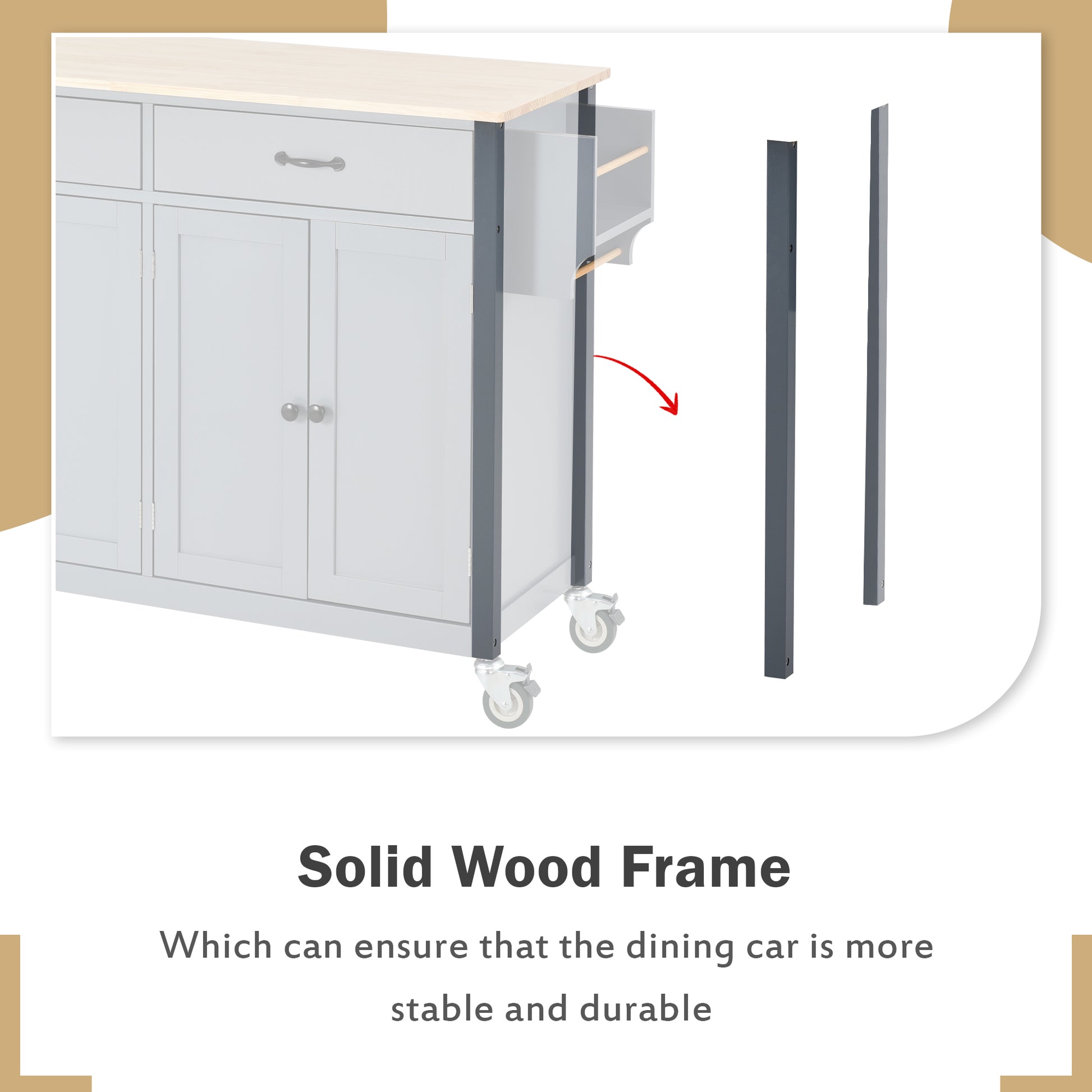 Gray metal frame pieces next to a white kitchen island with casters