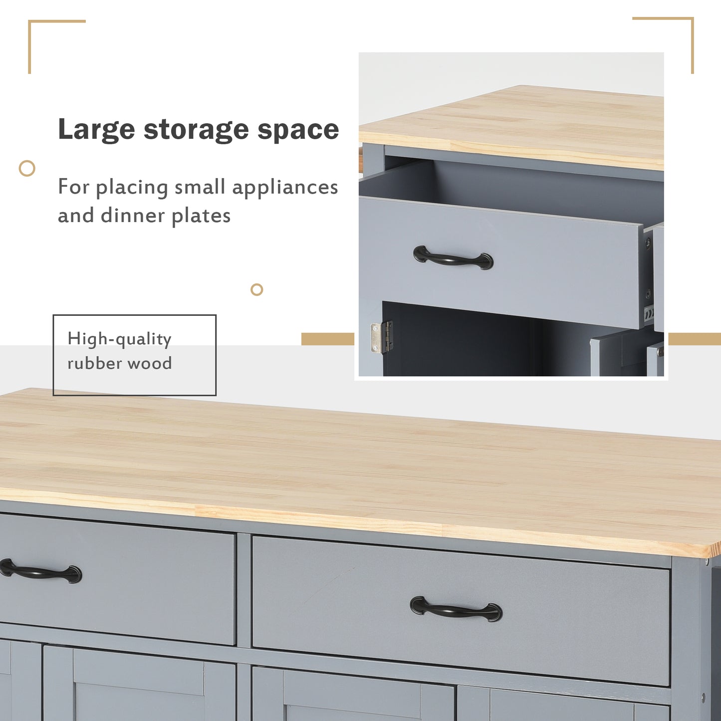 Grey kitchen island with butcher block top and black drawer pulls