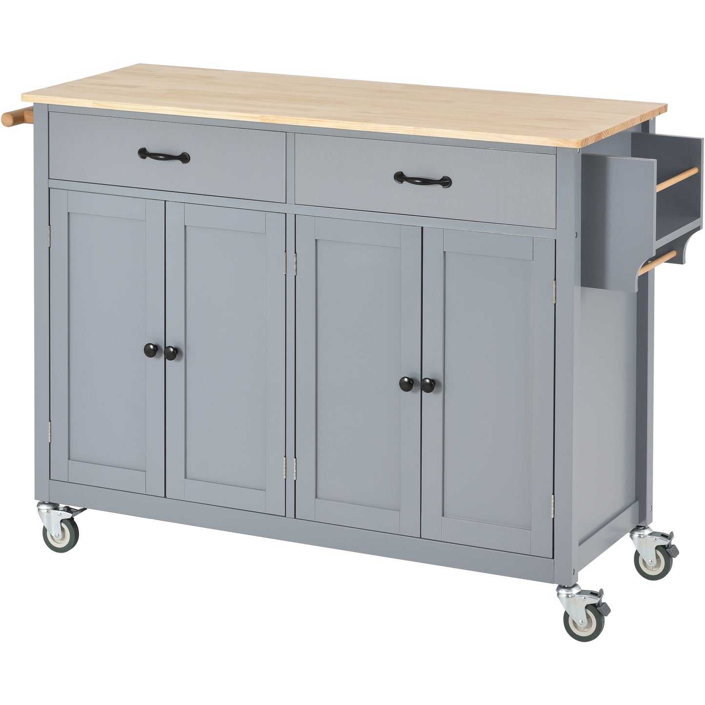 Gray kitchen island with butcher block top and two drawers