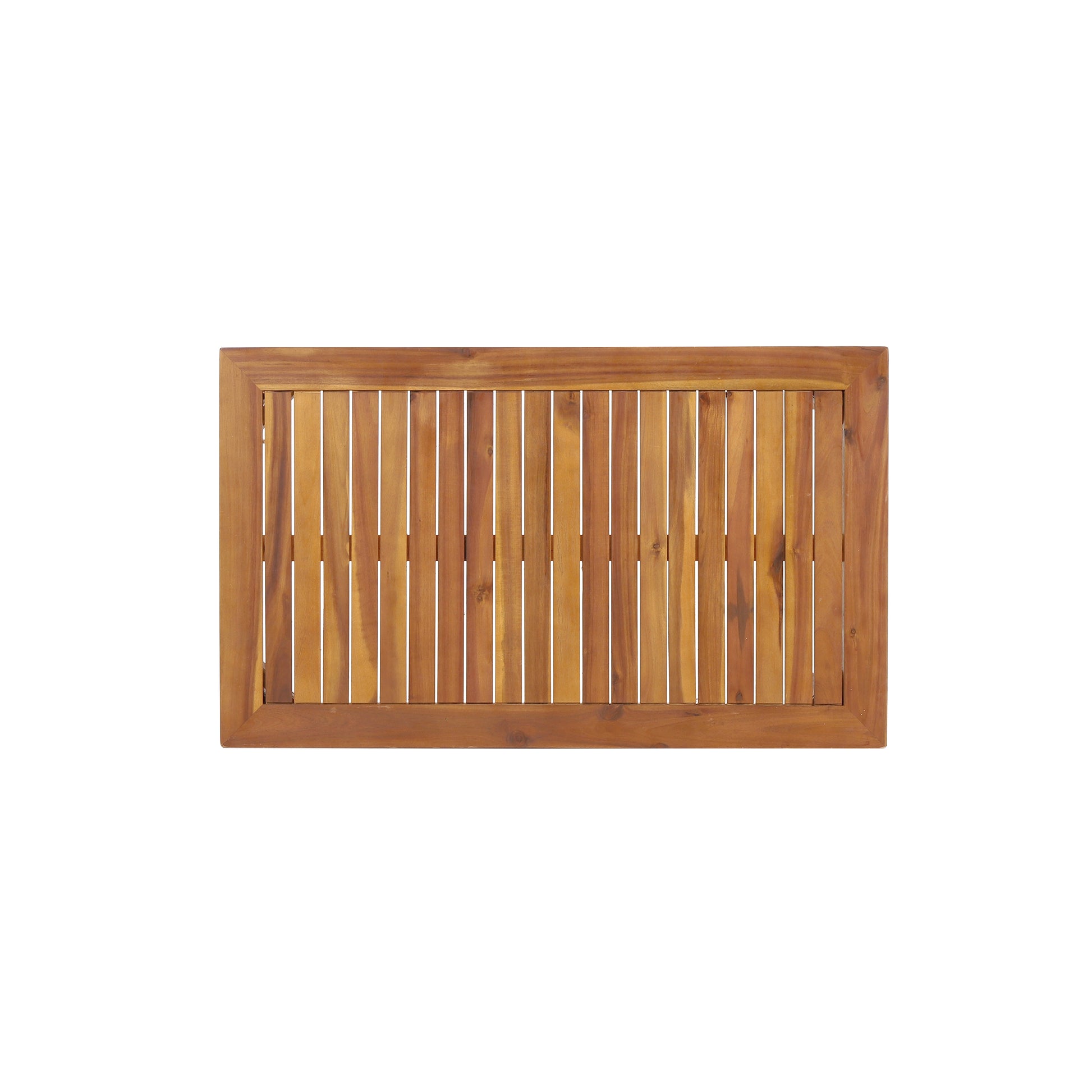 Rectangular wooden slatted tabletop with natural wood grain perfect for outdoor furniture