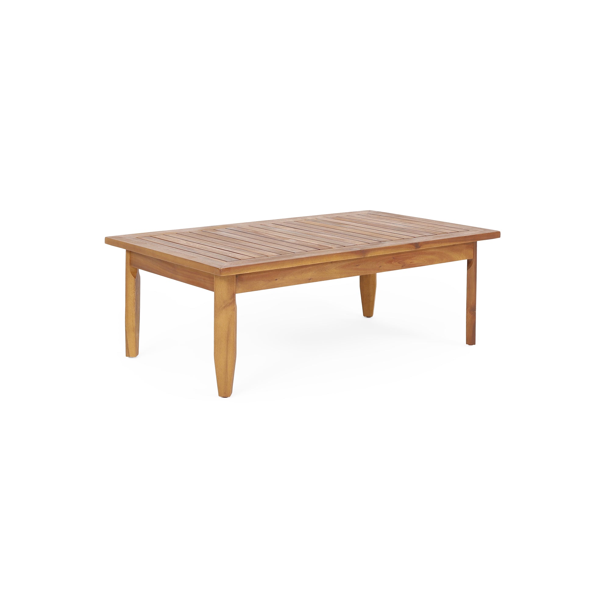 Wooden coffee table with slatted top and tapered legs perfect for outdoor living spaces