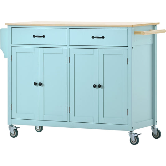 Light blue kitchen cart with wooden top and wheels