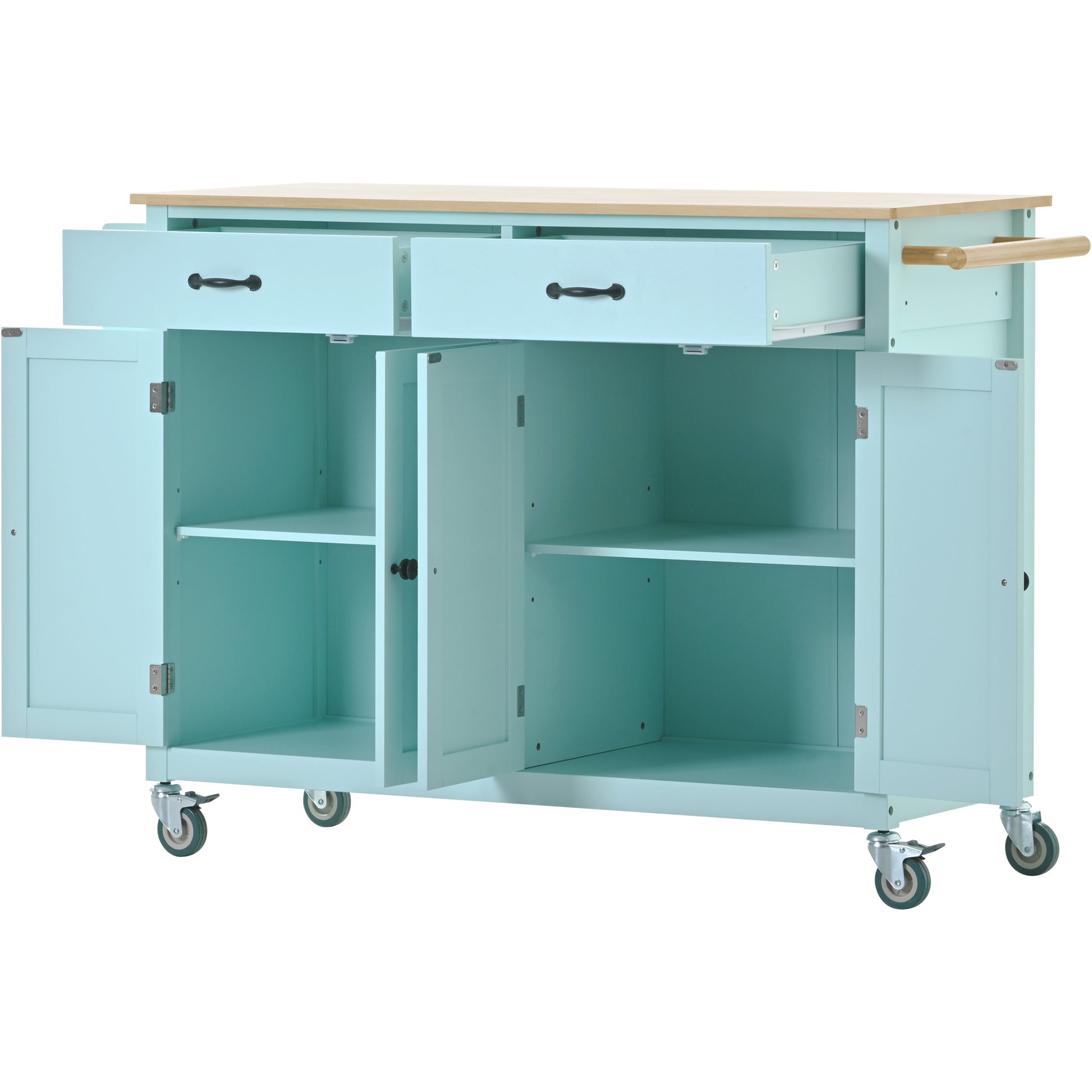 Light blue kitchen island cart with two drawers and cabinet storage