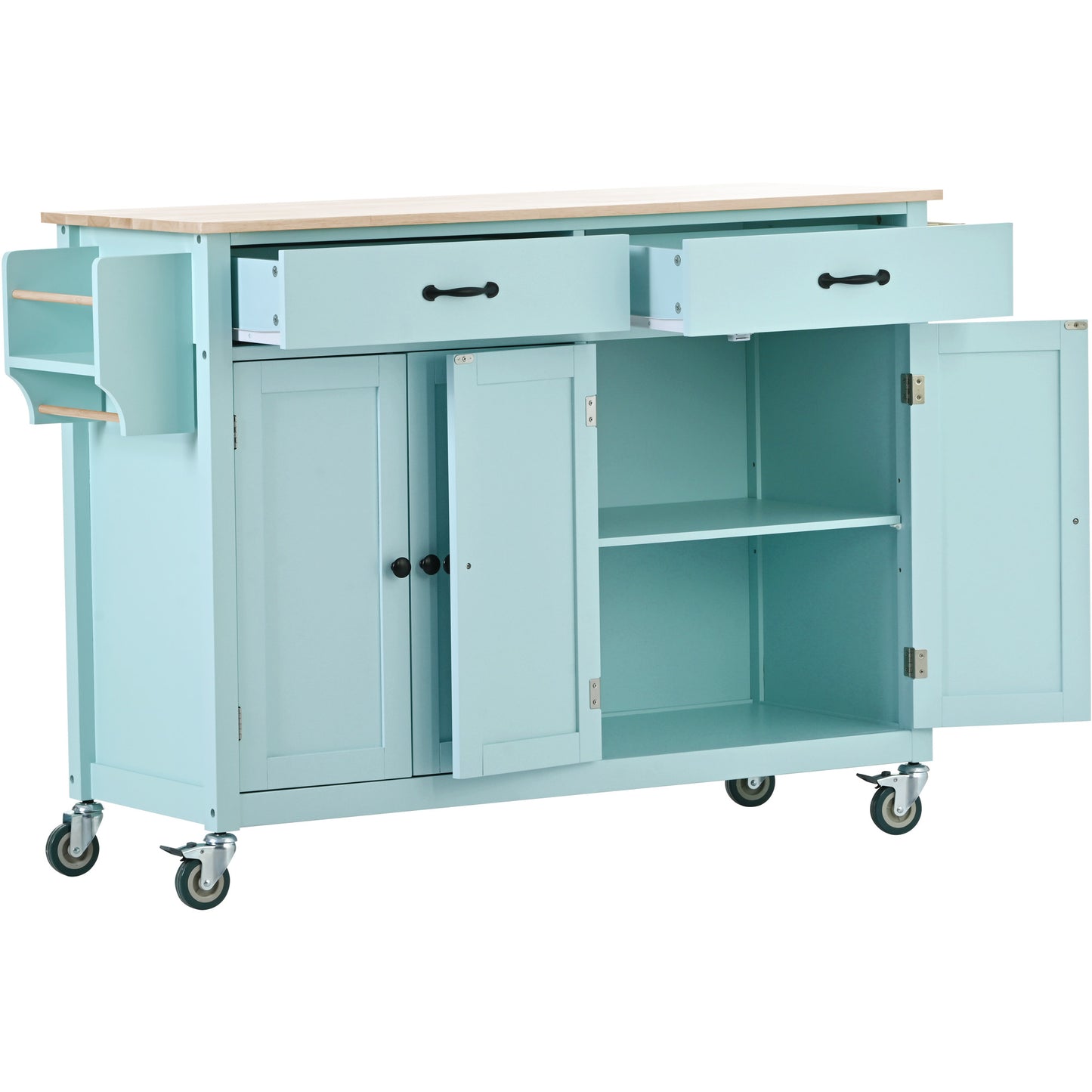 Light blue kitchen island cart with butcher block top open drawers and doors