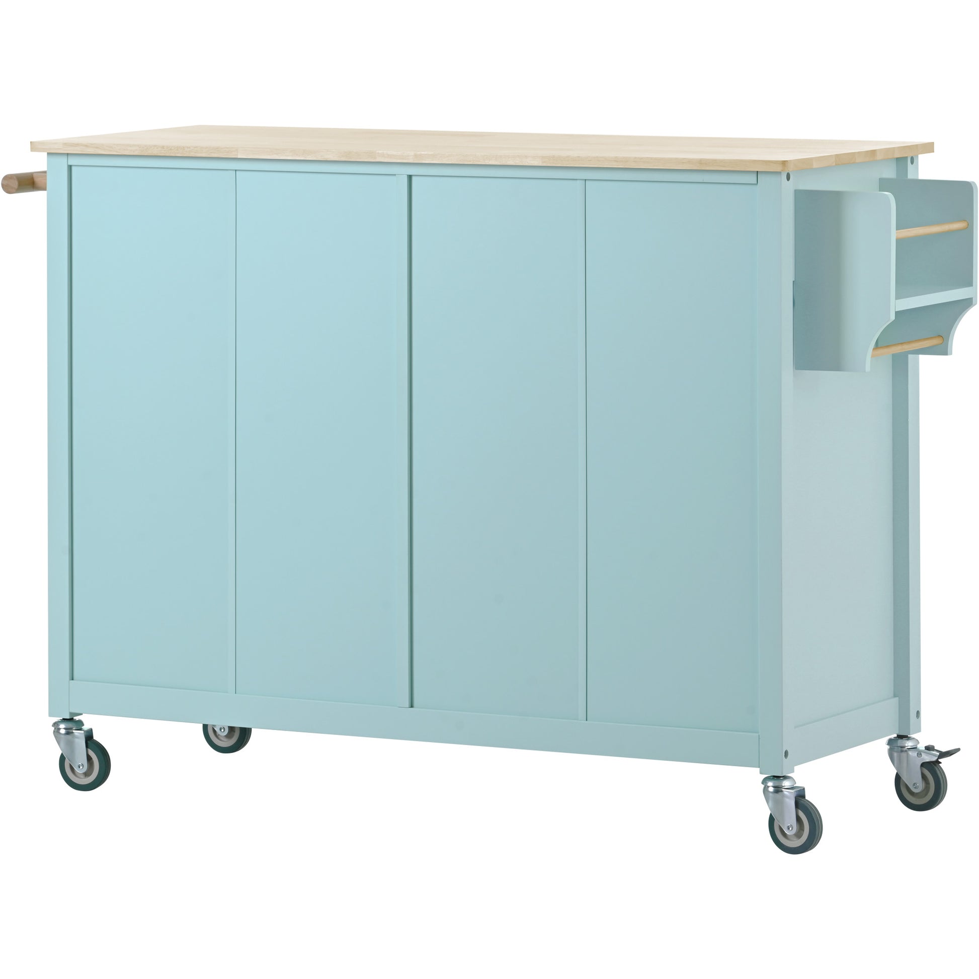 Light blue kitchen island with wooden countertop and wheels