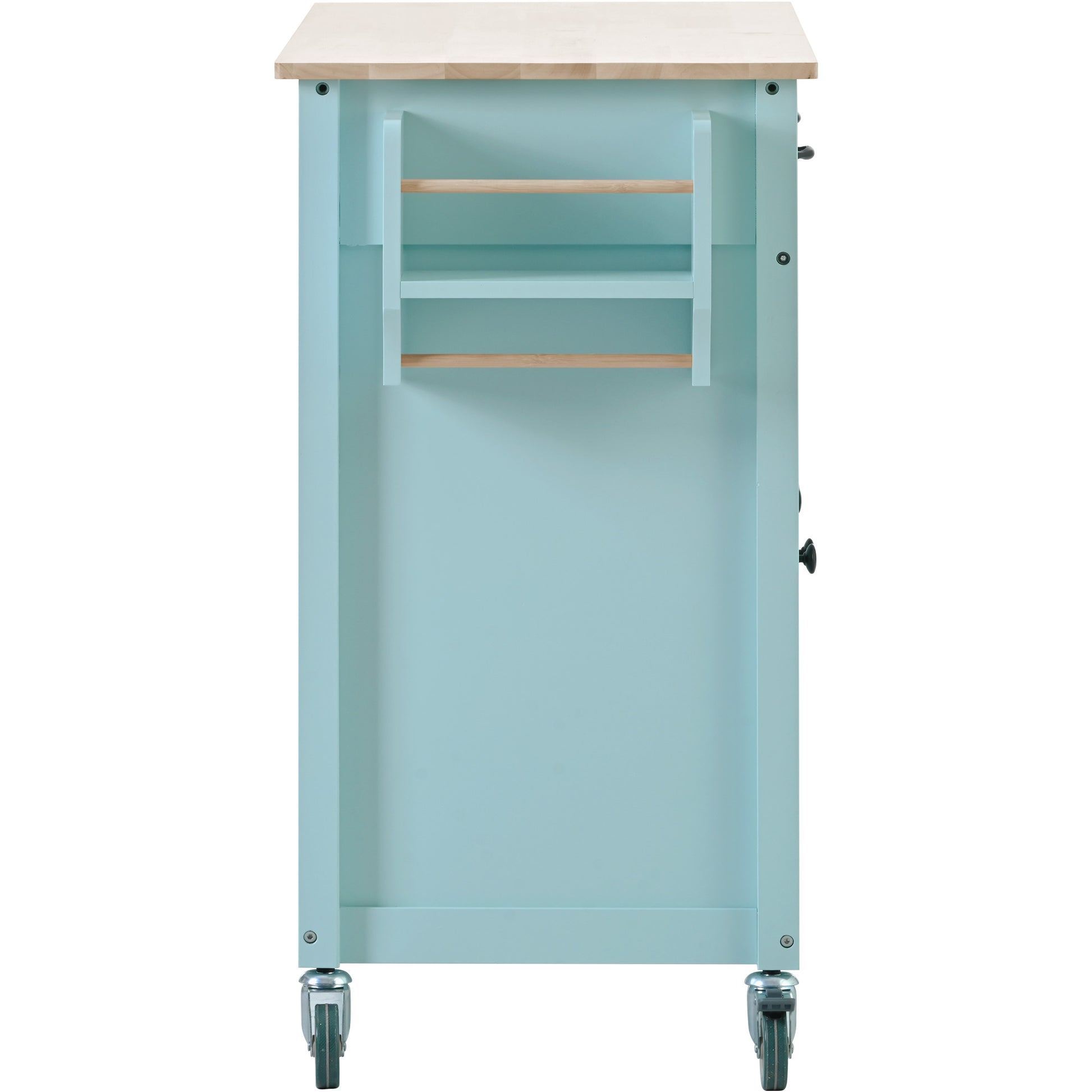 Light blue kitchen cart with butcher block top and wooden towel bar