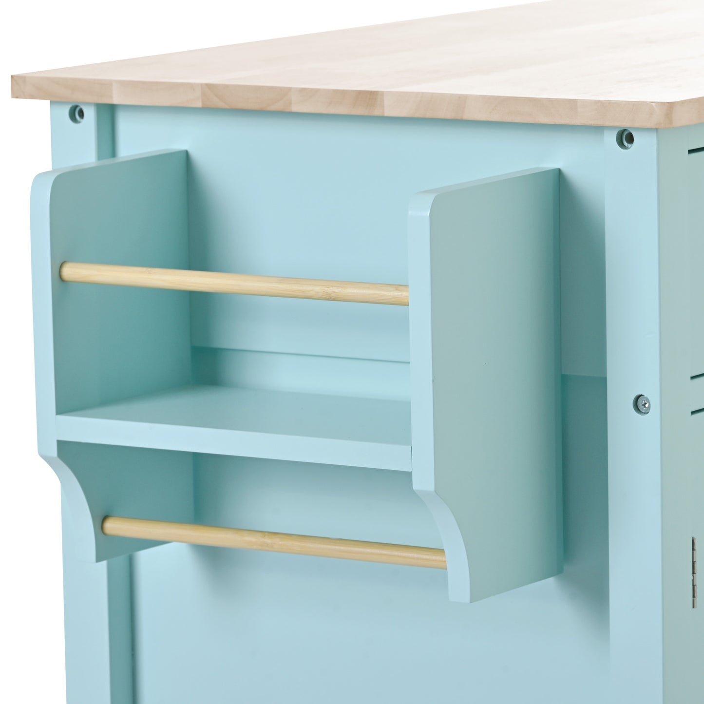 Light blue wooden kitchen toy shelf with two natural wood dowels for hanging