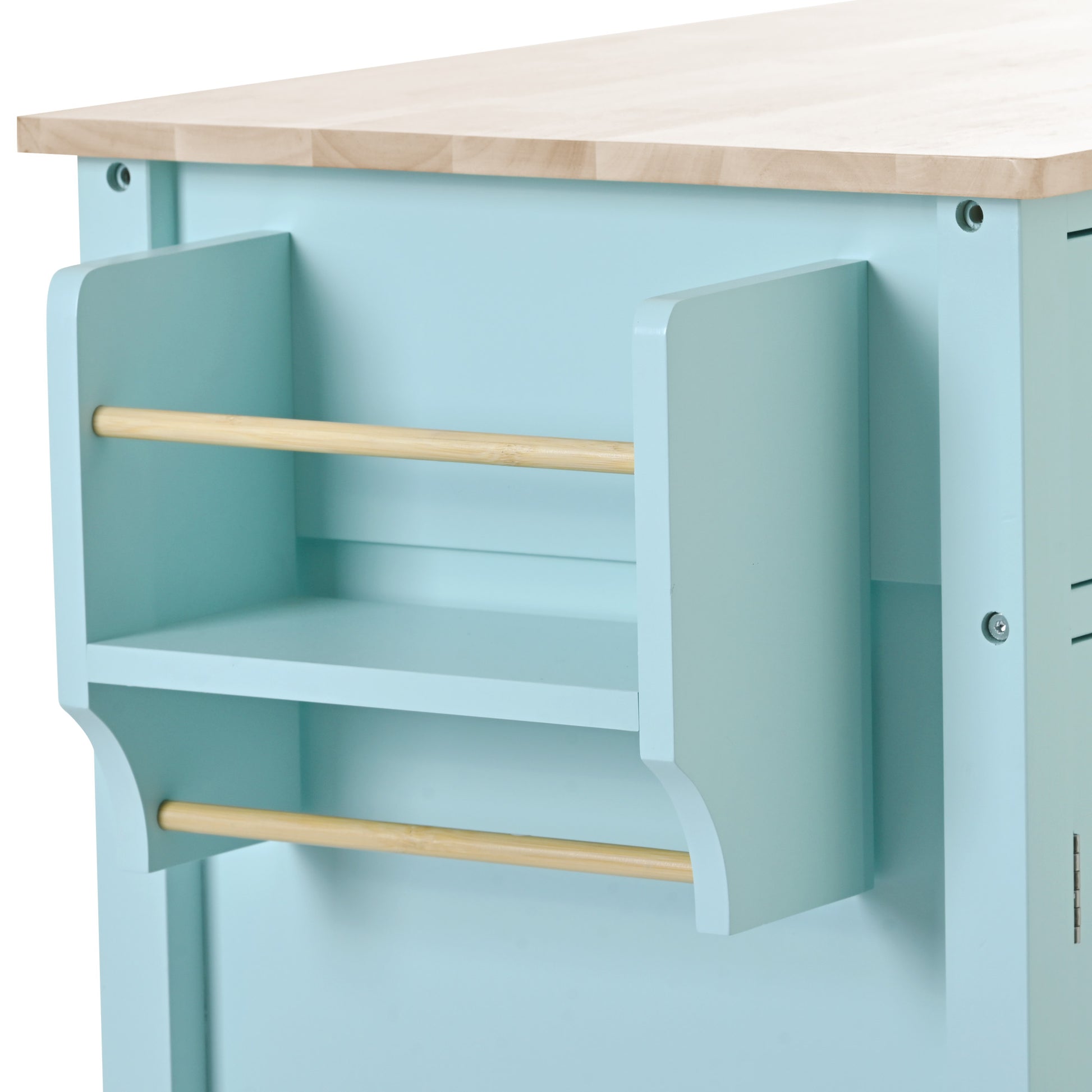 Light blue wooden kitchen toy shelf with two natural wood dowels for hanging