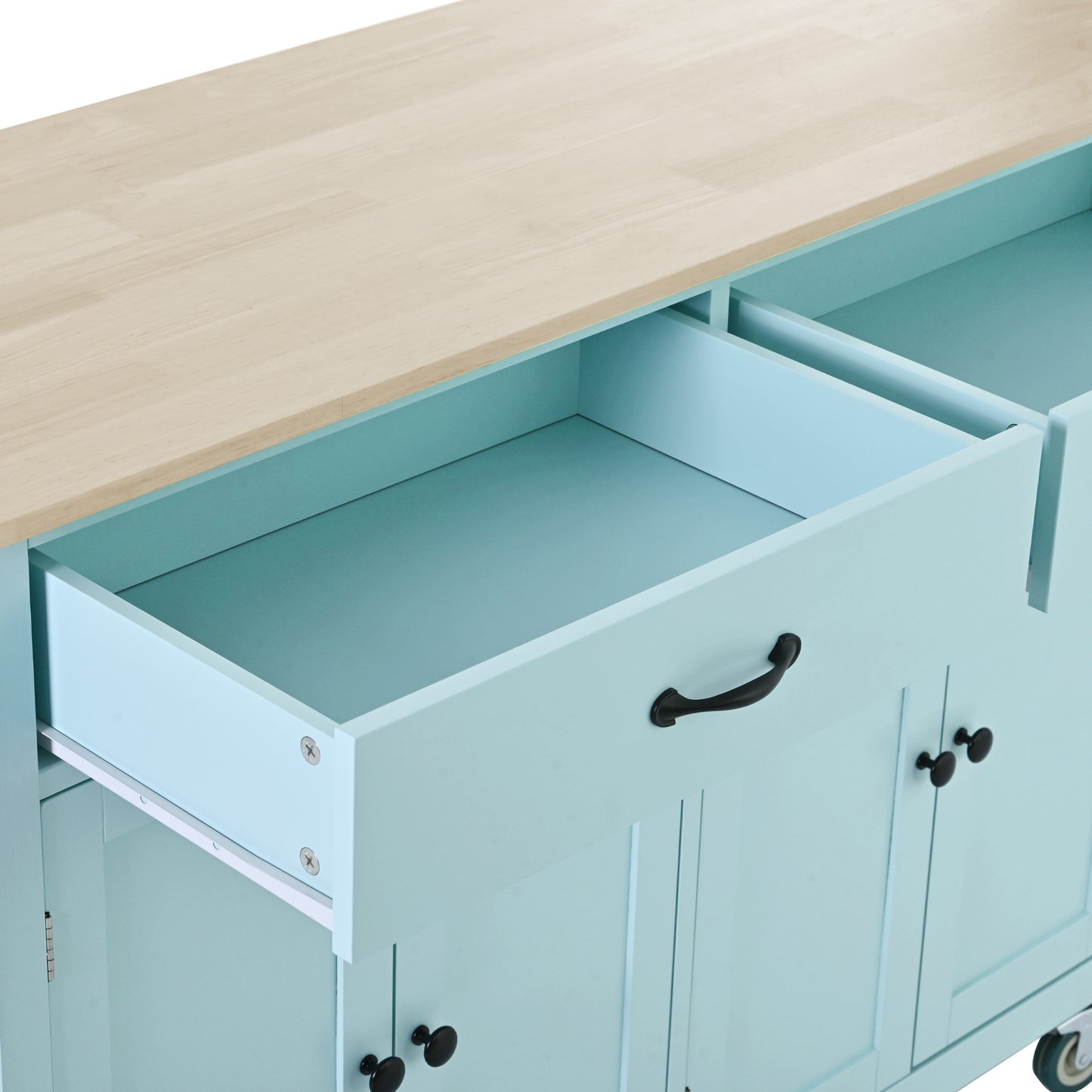 Light blue kitchen cart with butcher block top and open drawer