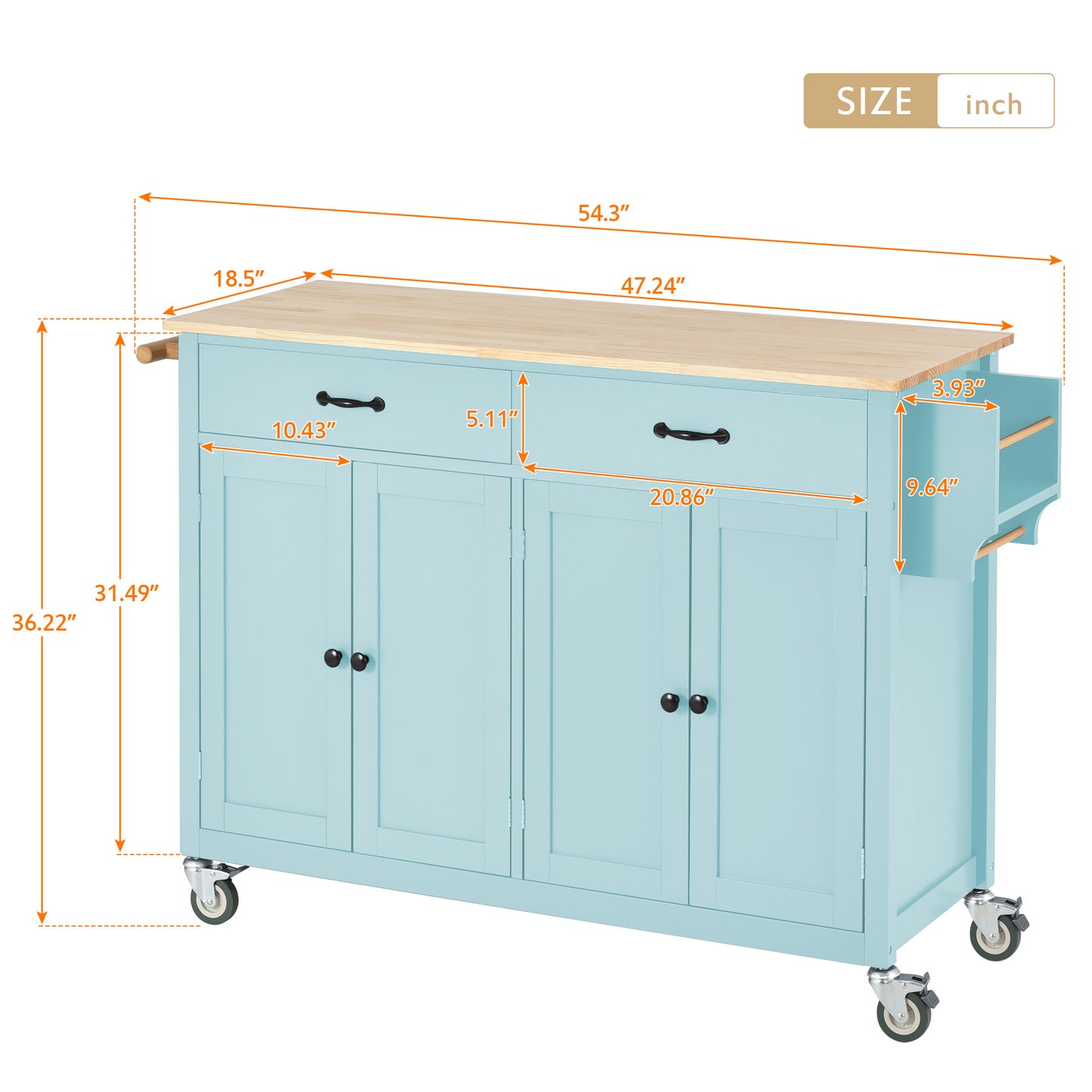Light blue kitchen island with butcher block top and casters