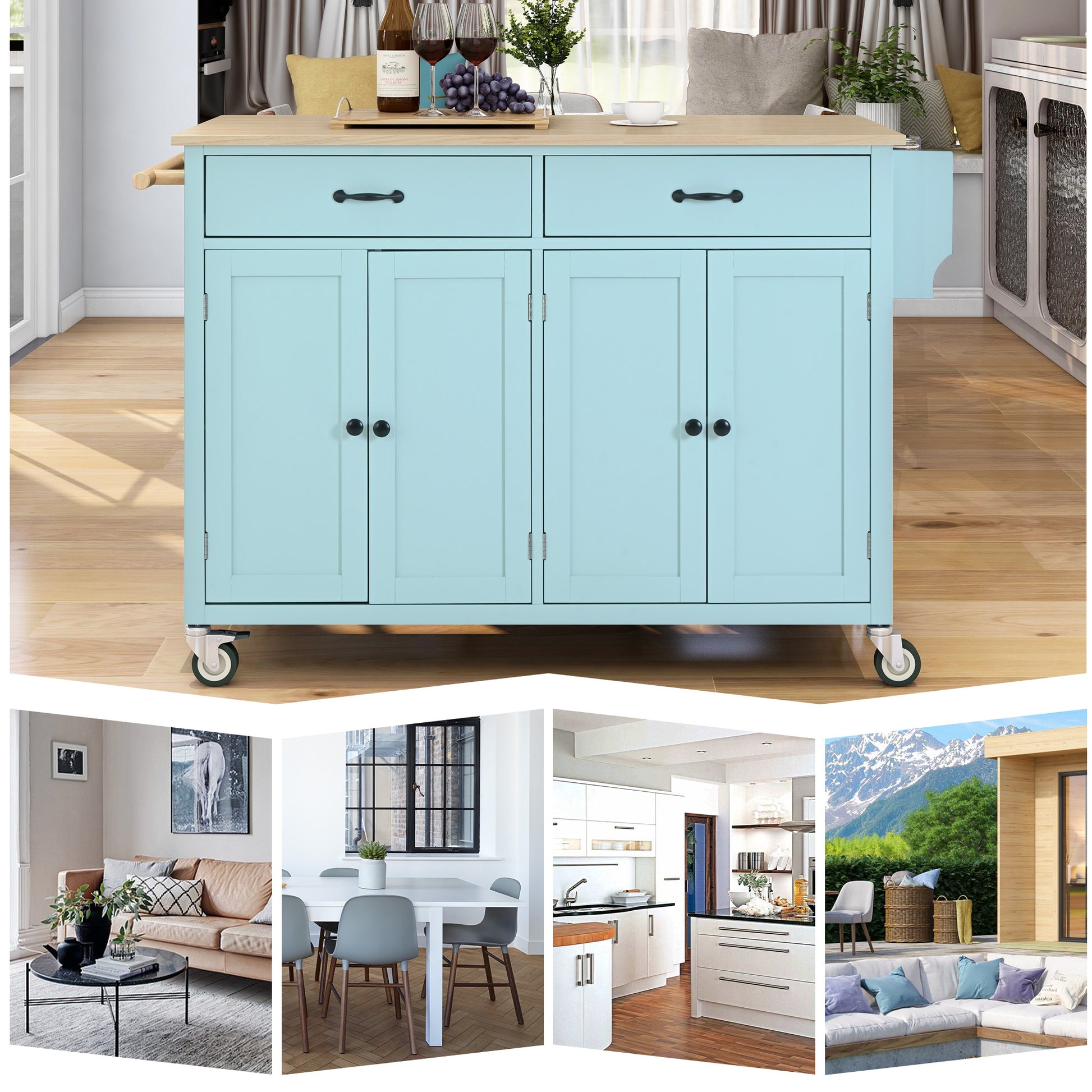 Light blue kitchen island cart with wooden countertop and black hardware
