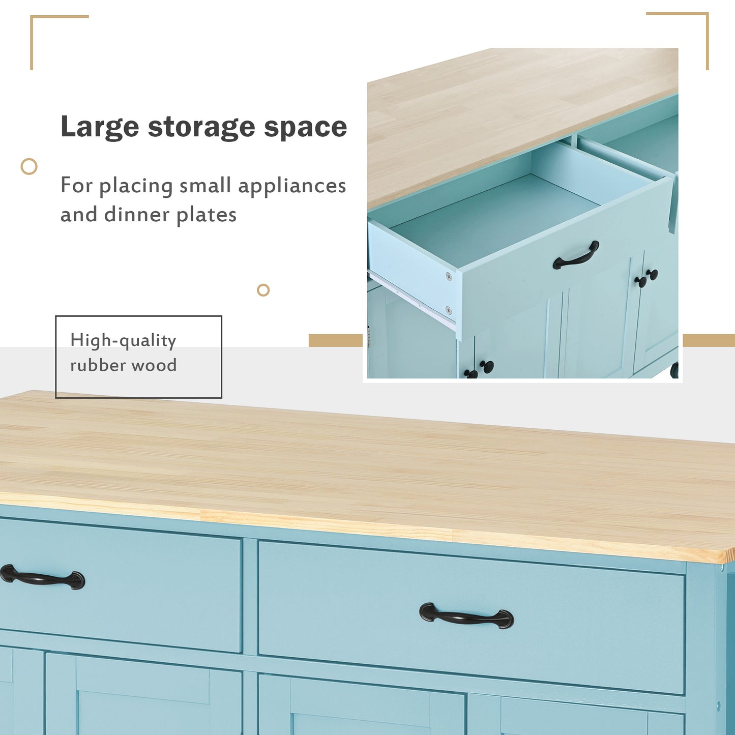 Light blue wooden sideboard with natural wood top and black hardware