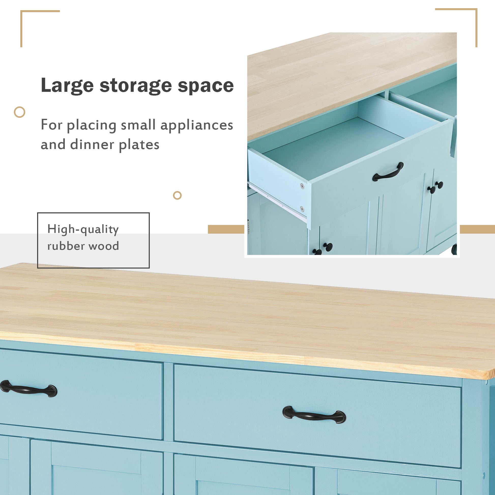 Light blue wooden sideboard with natural wood top and black hardware
