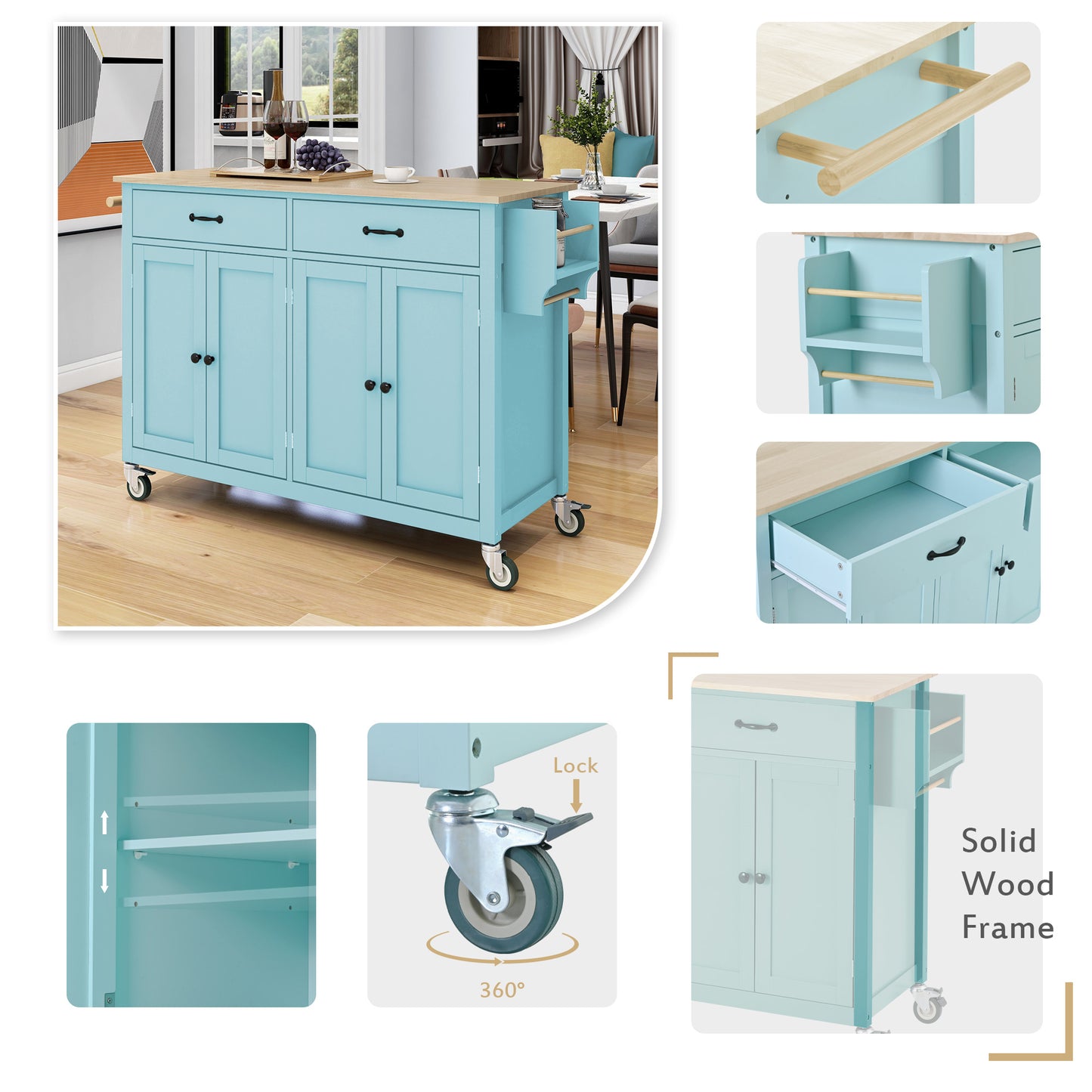 Turquoise kitchen island with wooden top and two drawers