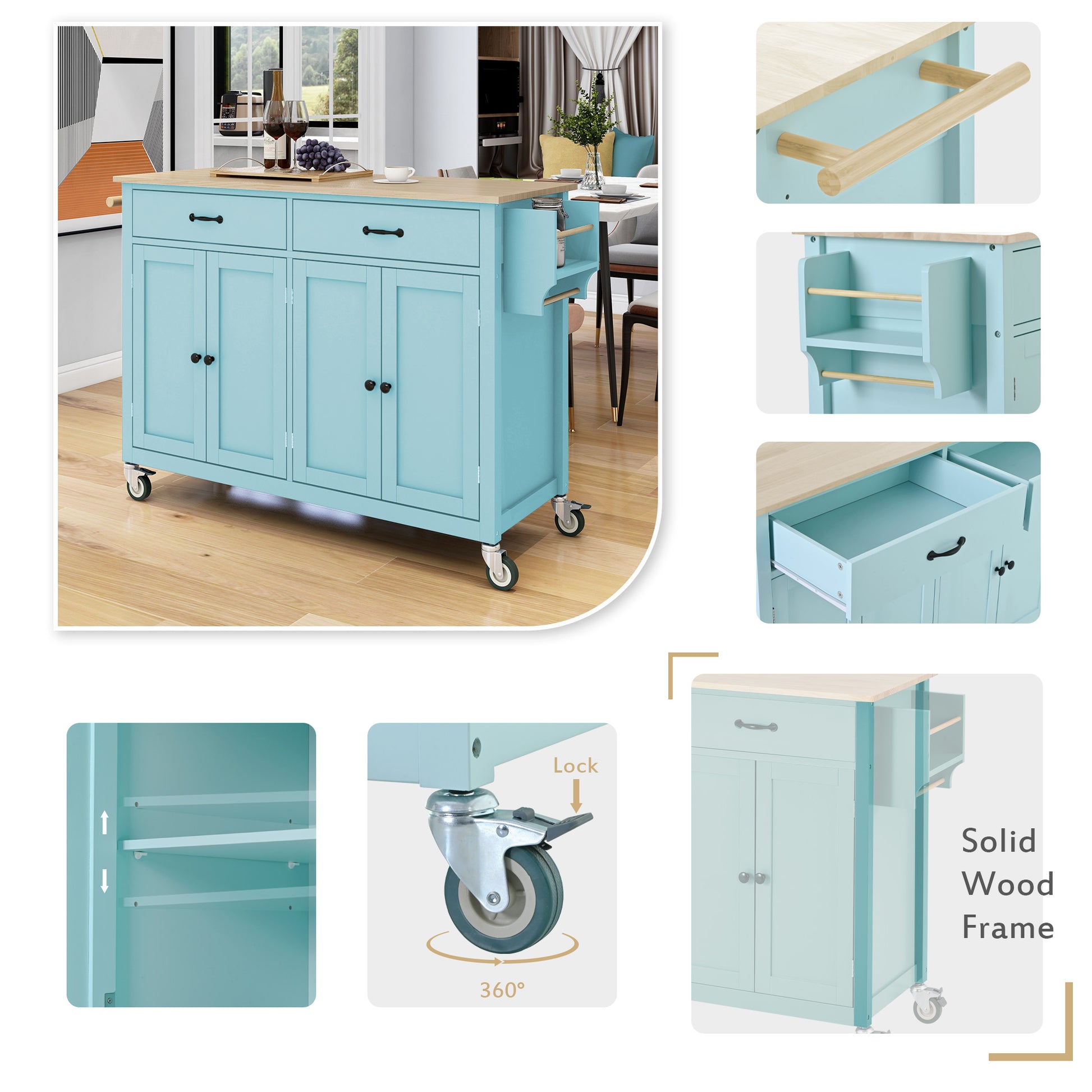 Turquoise kitchen island with wooden top and two drawers