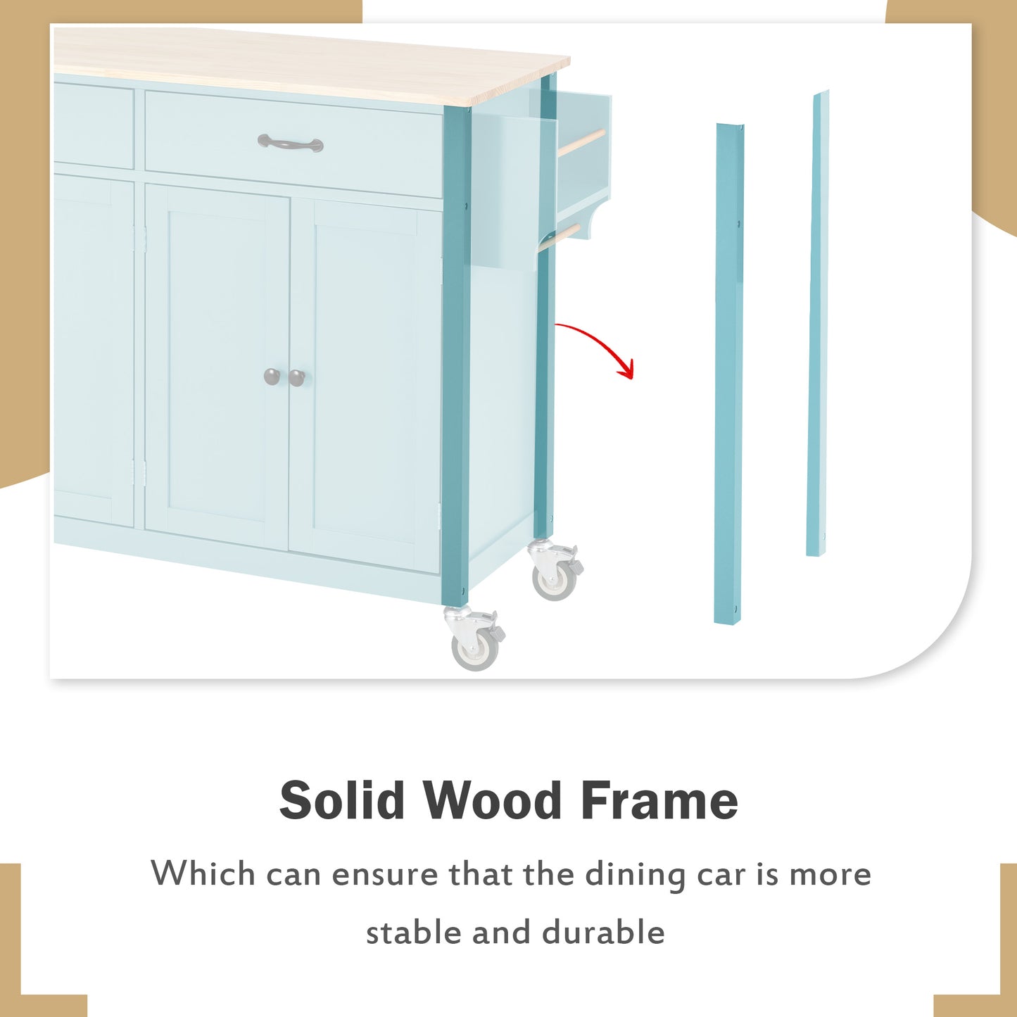 Light blue kitchen cart with wooden top and visible solid wood frame supports