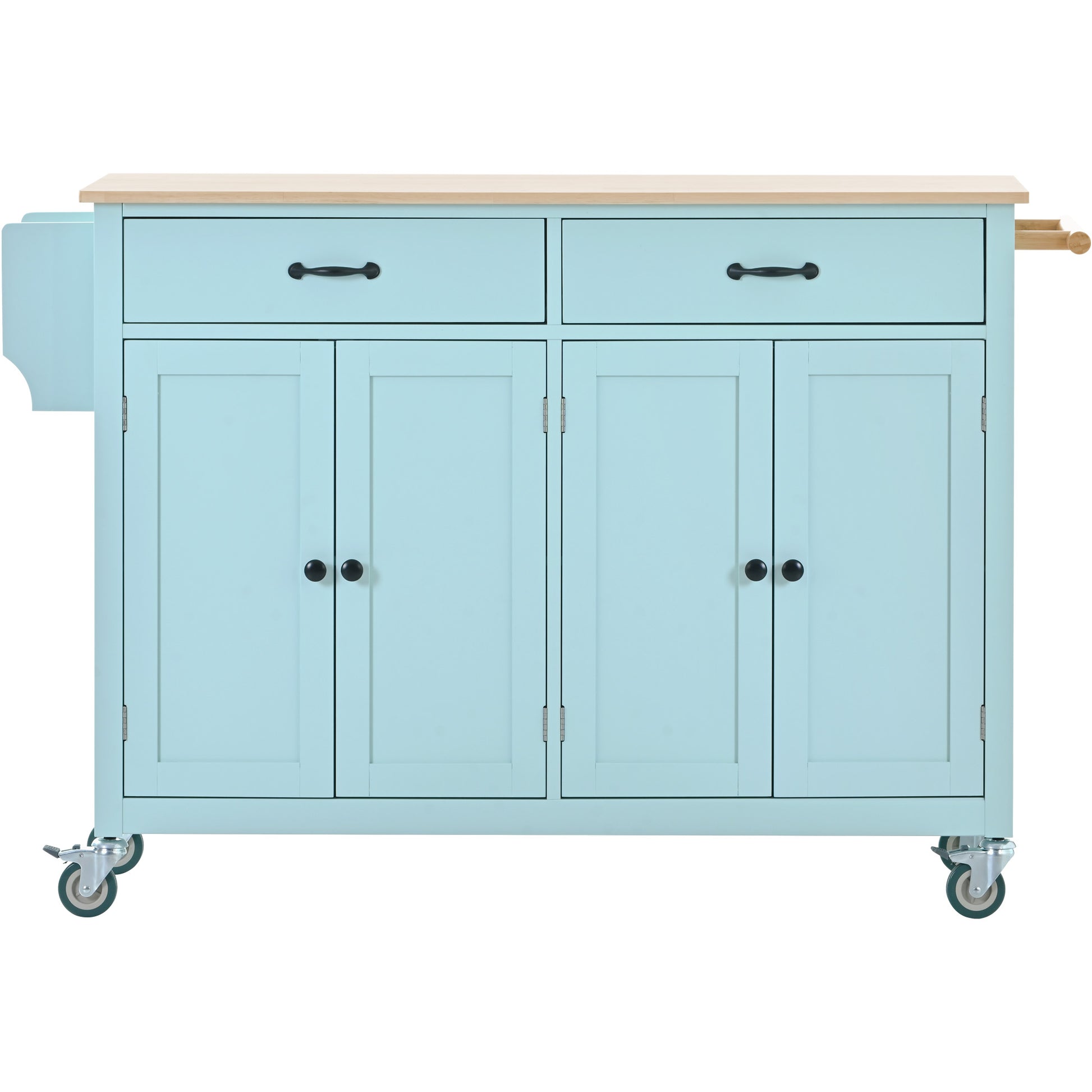 Light blue kitchen island cart with butcher block top and two drawers