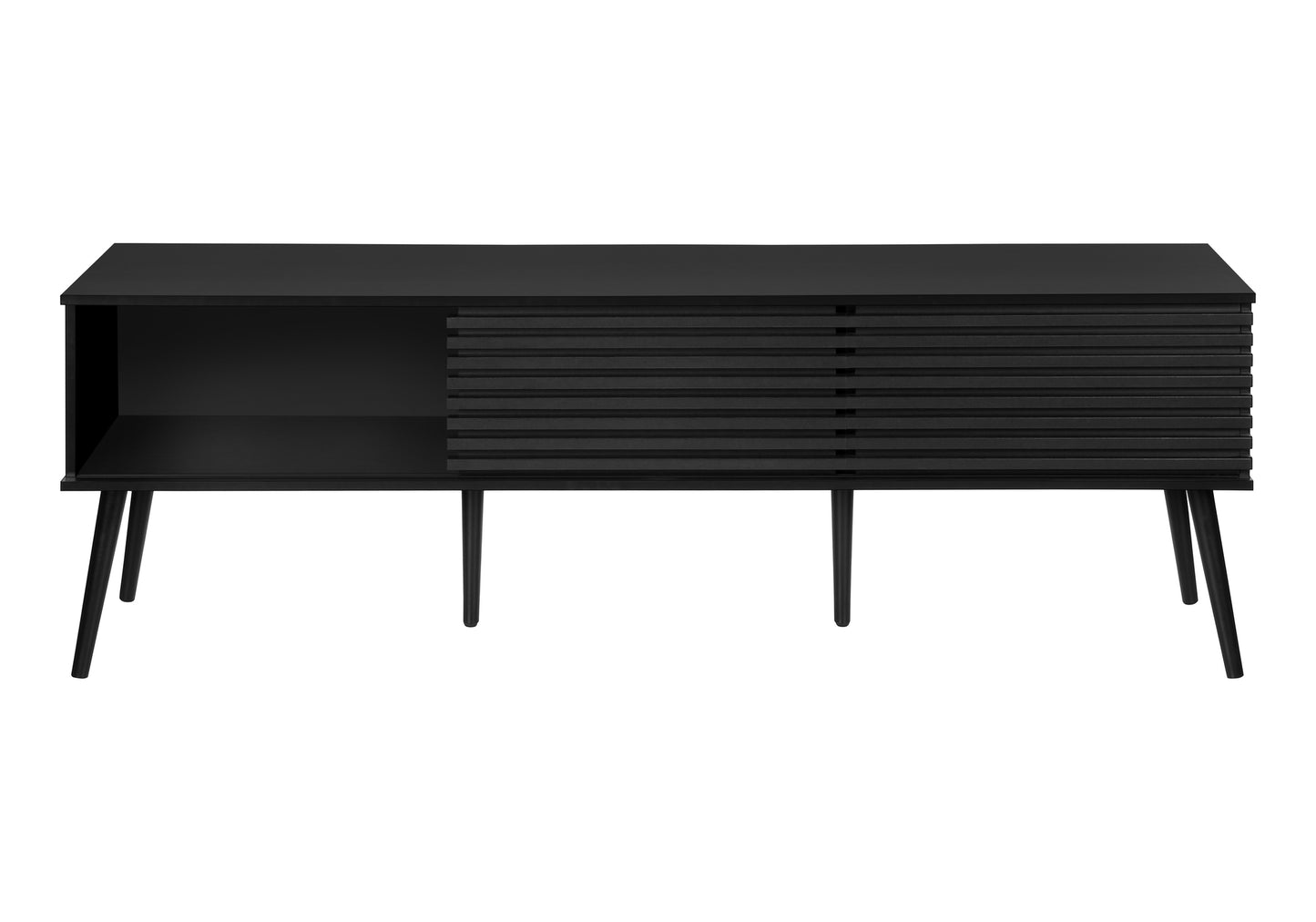 Sleek black media console with slatted sliding door and open shelving