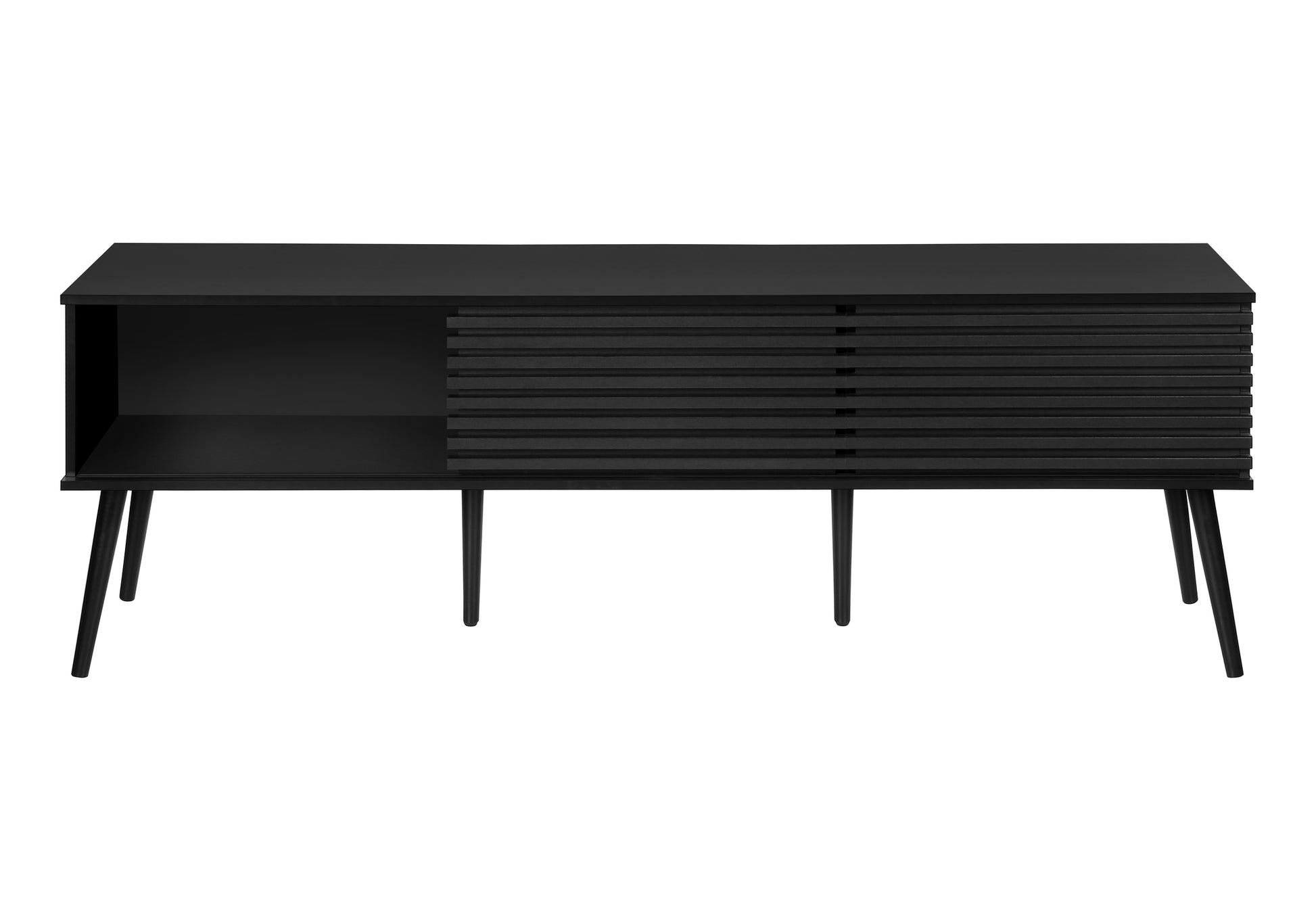 Sleek black media console with slatted sliding door and open shelving