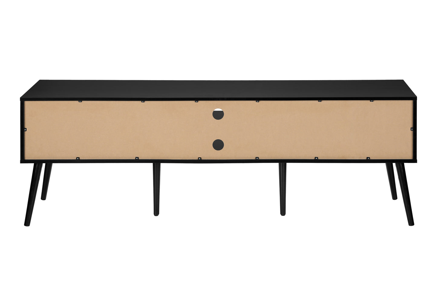 Black entertainment center with cable management holes on the back panel and angled legs