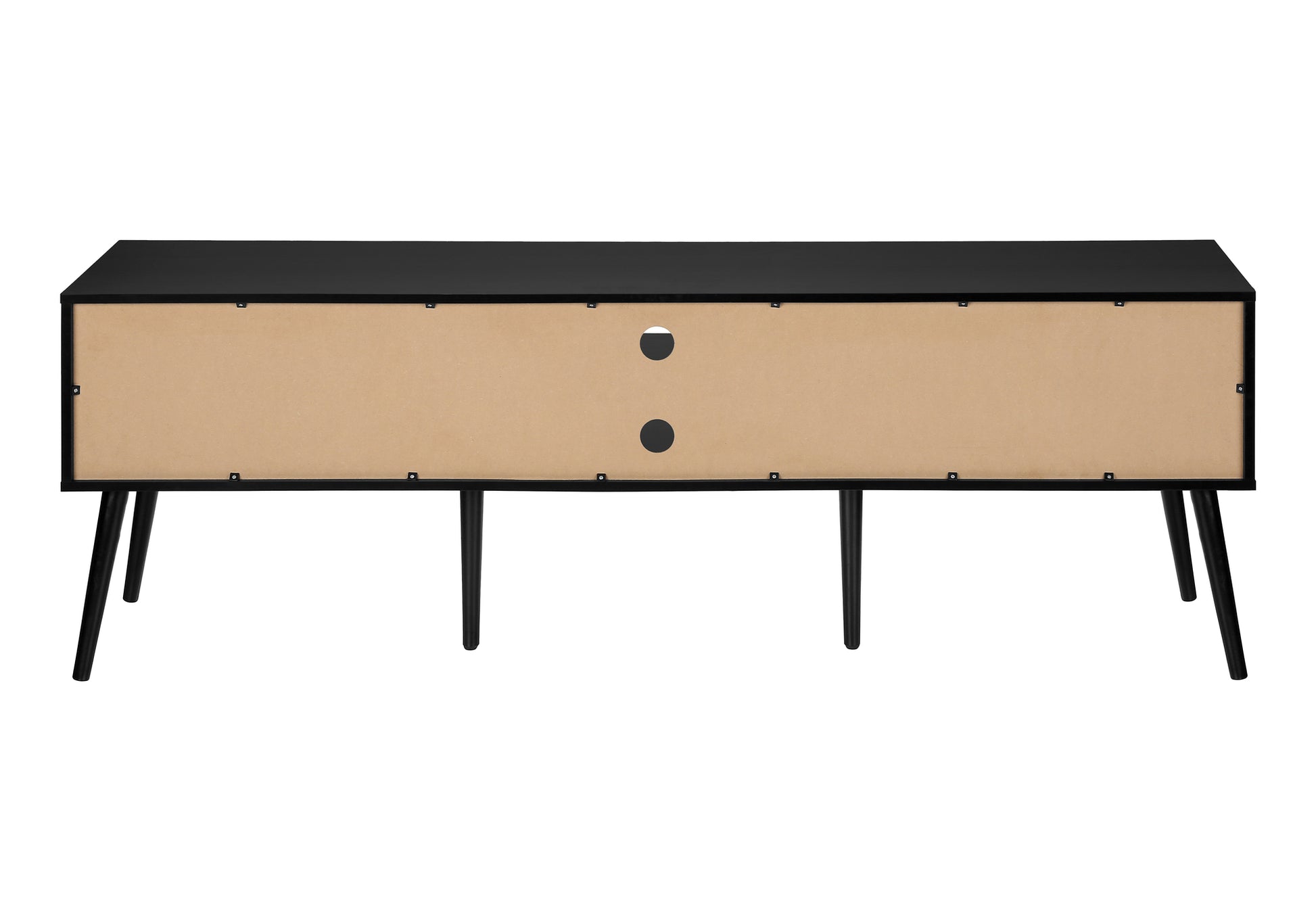 Black entertainment center with cable management holes on the back panel and angled legs