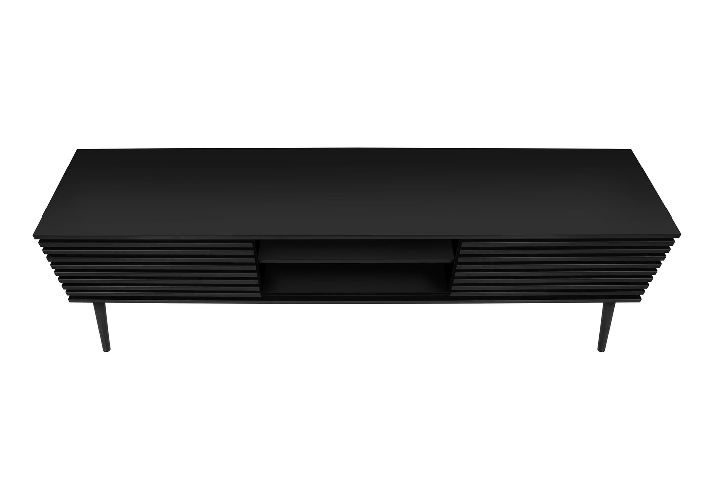 Sleek black media console with ribbed wood front and open shelving perfect for modern living rooms