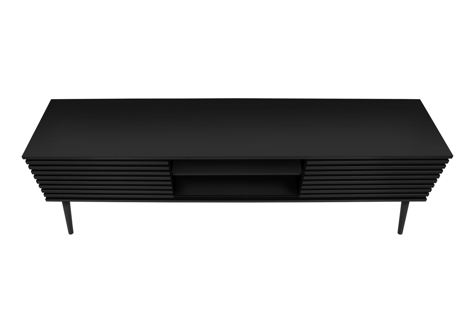 Sleek black media console with ribbed wood front and open shelving perfect for modern living rooms