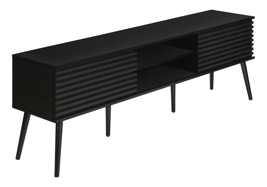 Black modern media console with slatted door details and open shelving