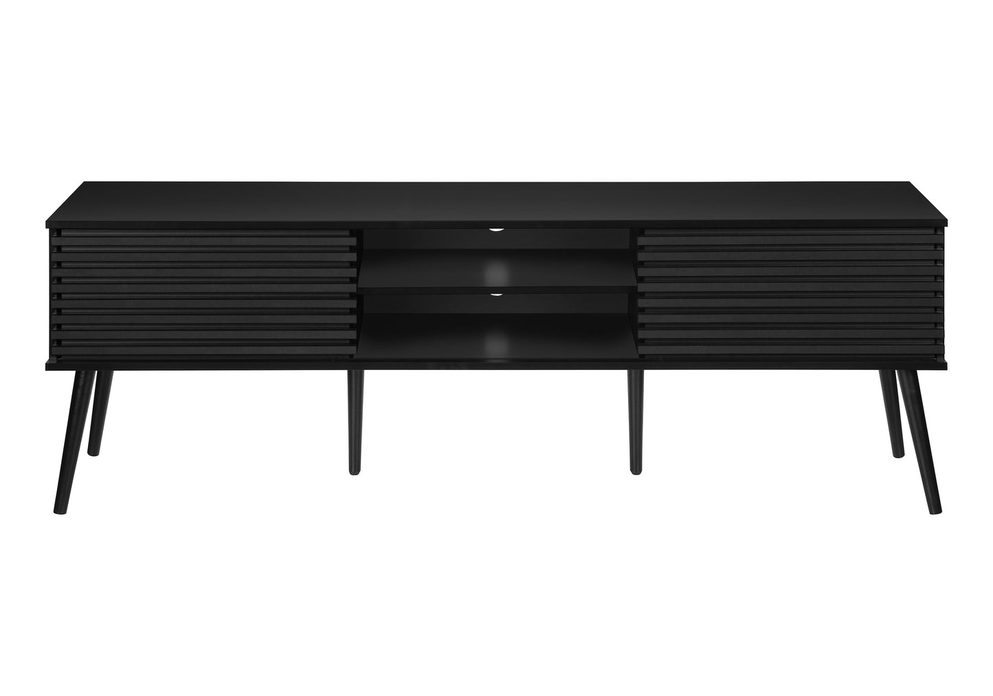 Black midcentury modern media console with slatted doors and tapered legs