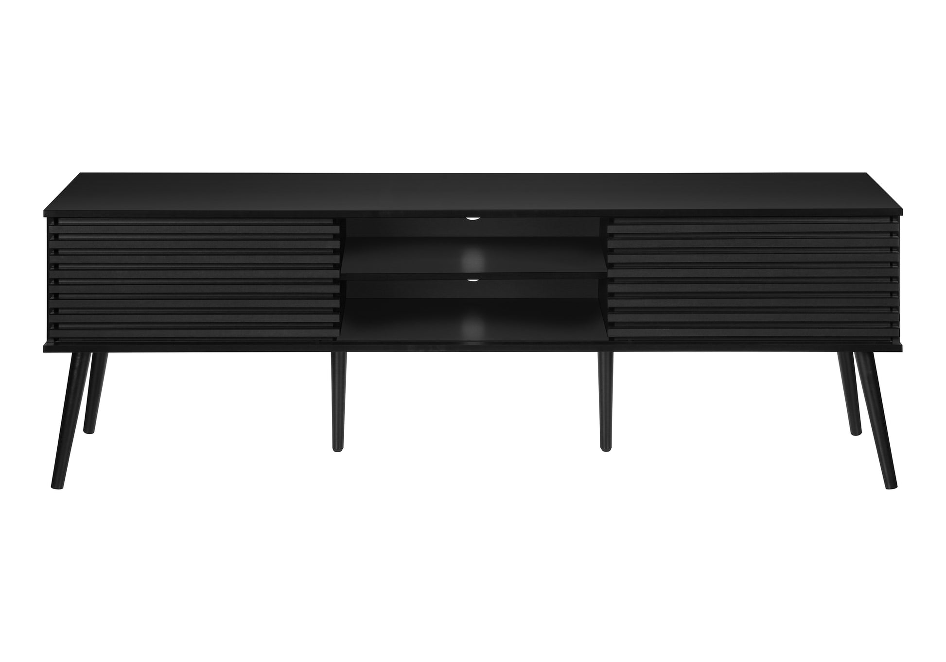 Black midcentury modern media console with slatted doors and tapered legs