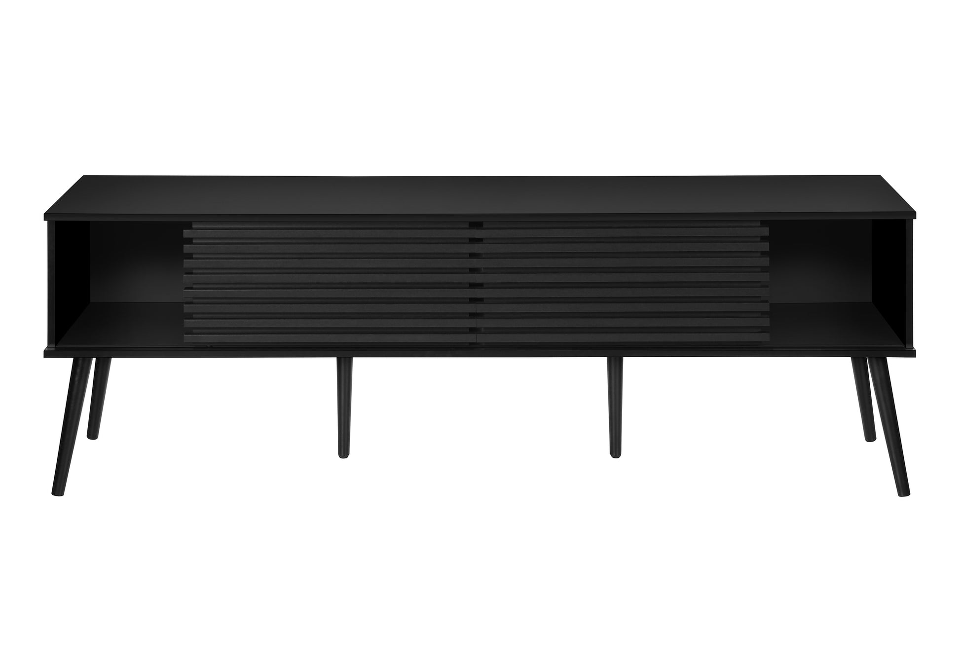 Sleek black media console with slatted sliding doors and tapered legs for modern living rooms