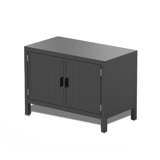Dark grey twodoor cabinet with vertical paneling and black handles