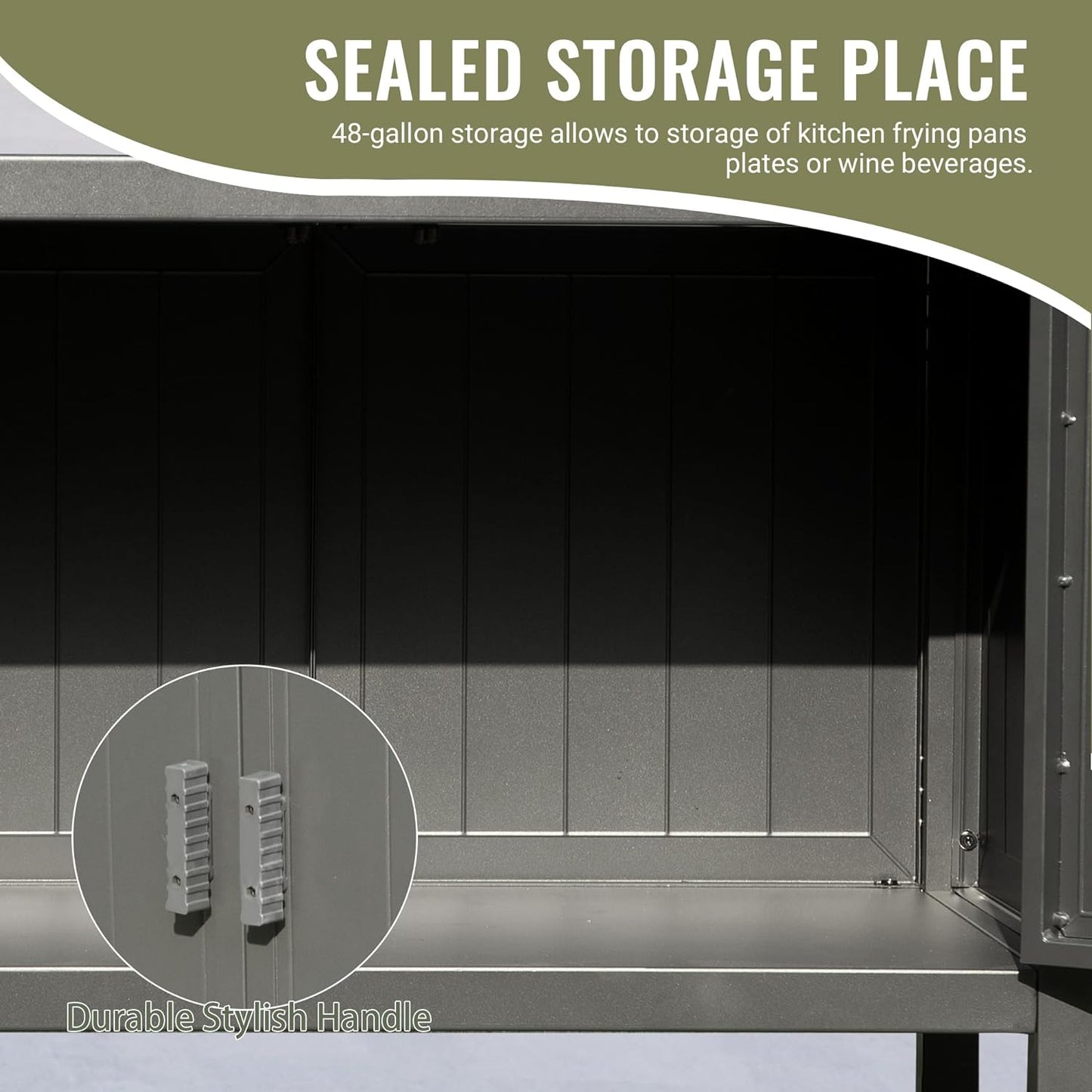 Gray outdoor storage cabinet interior with shelves