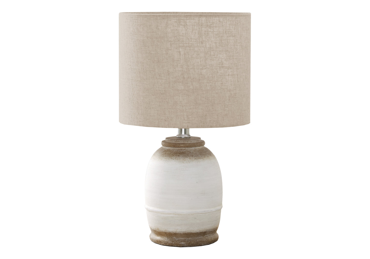 Rustic ceramic table lamp with a textured offwhite base and beige linen shade