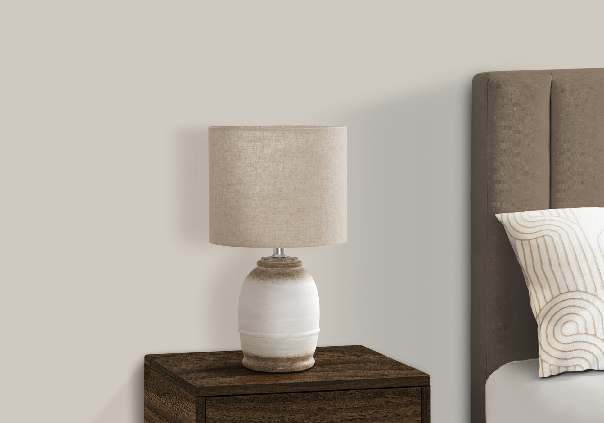 Rustic ceramic table lamp with beige linen shade ideal for bedroom accent lighting