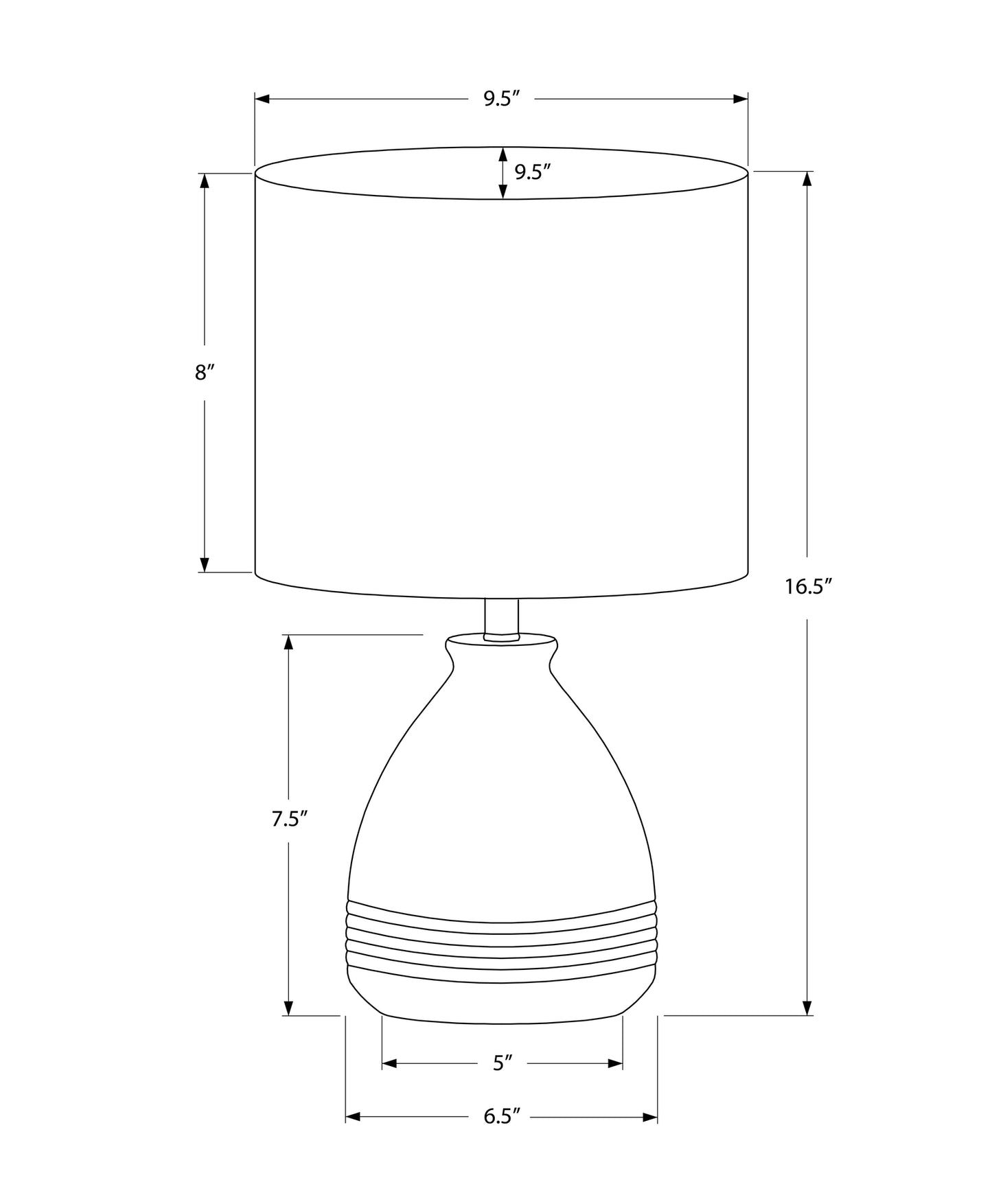 Line drawing of a  tall ceramic table lamp with a ribbed base and a  drum shade