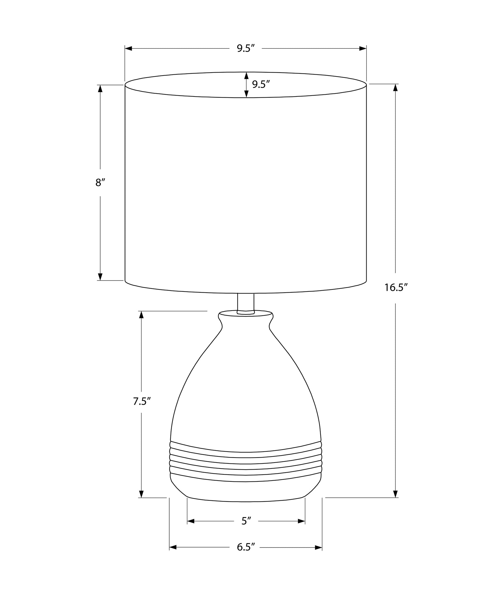 Line drawing of a  tall ceramic table lamp with a ribbed base and a  drum shade
