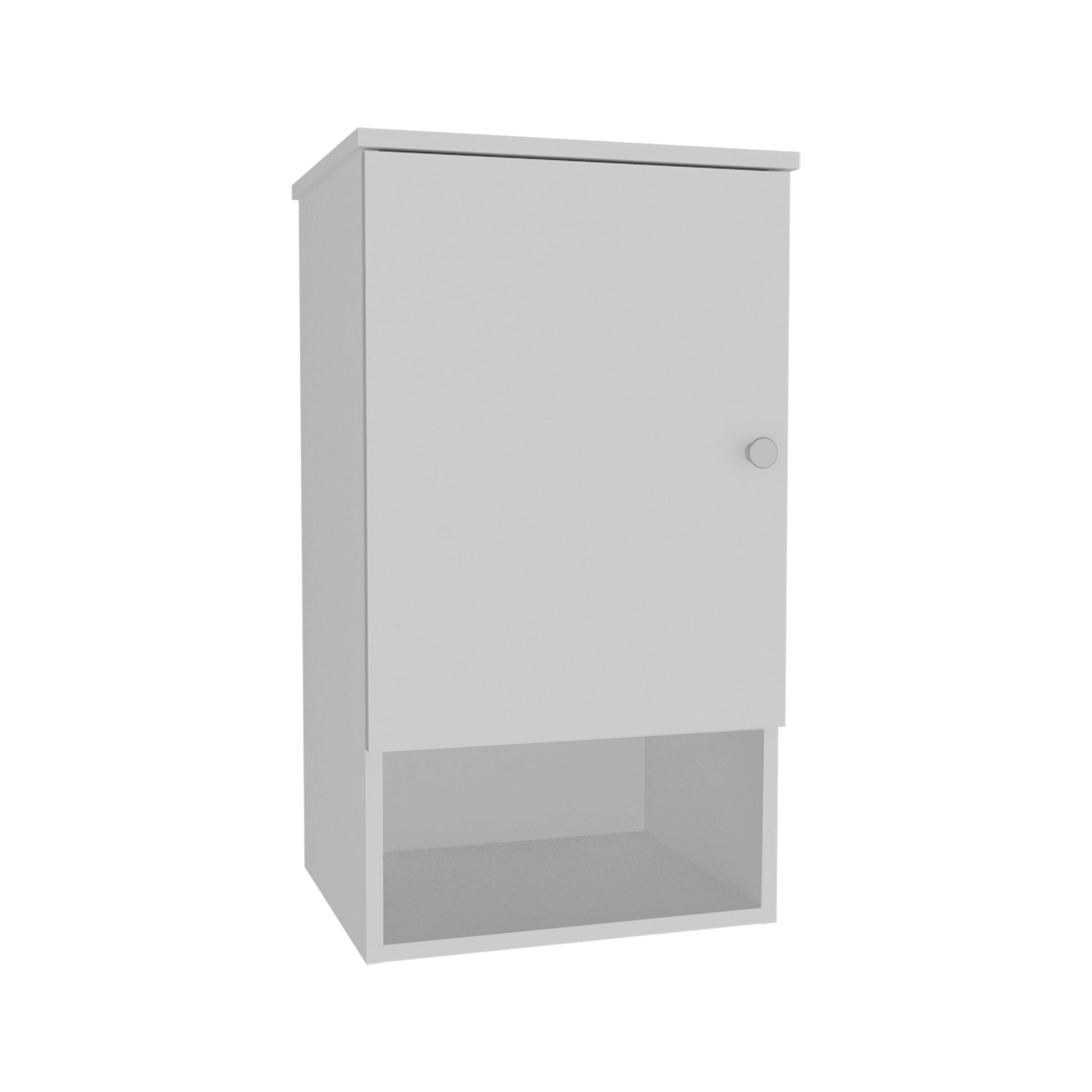 Modern grey wall cabinet with open shelf perfect for bathroom storage