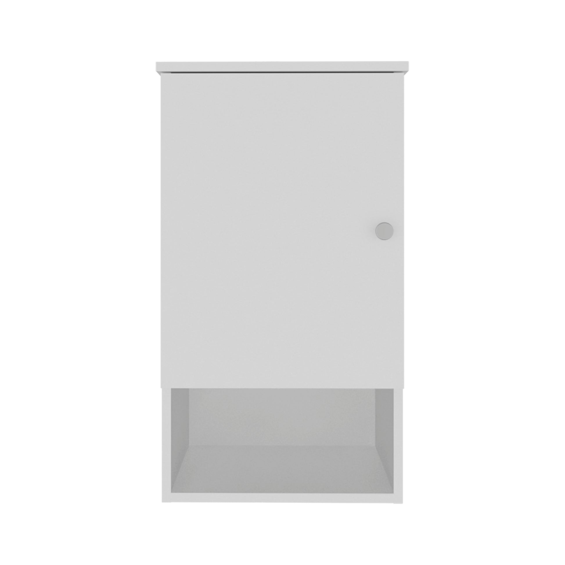 Modern white wallmounted cabinet with a single door and open shelf below for bathroom storage