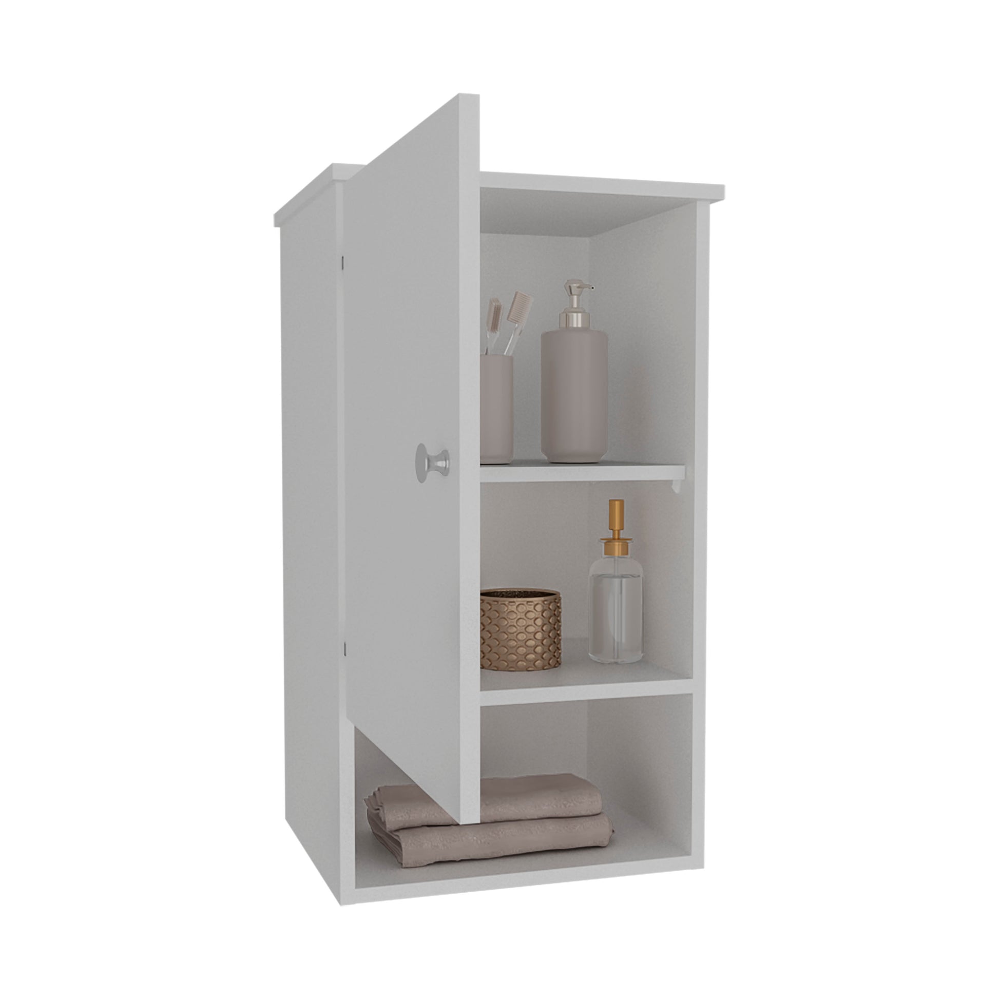 Compact white bathroom cabinet with open door holding toiletries and folded towels