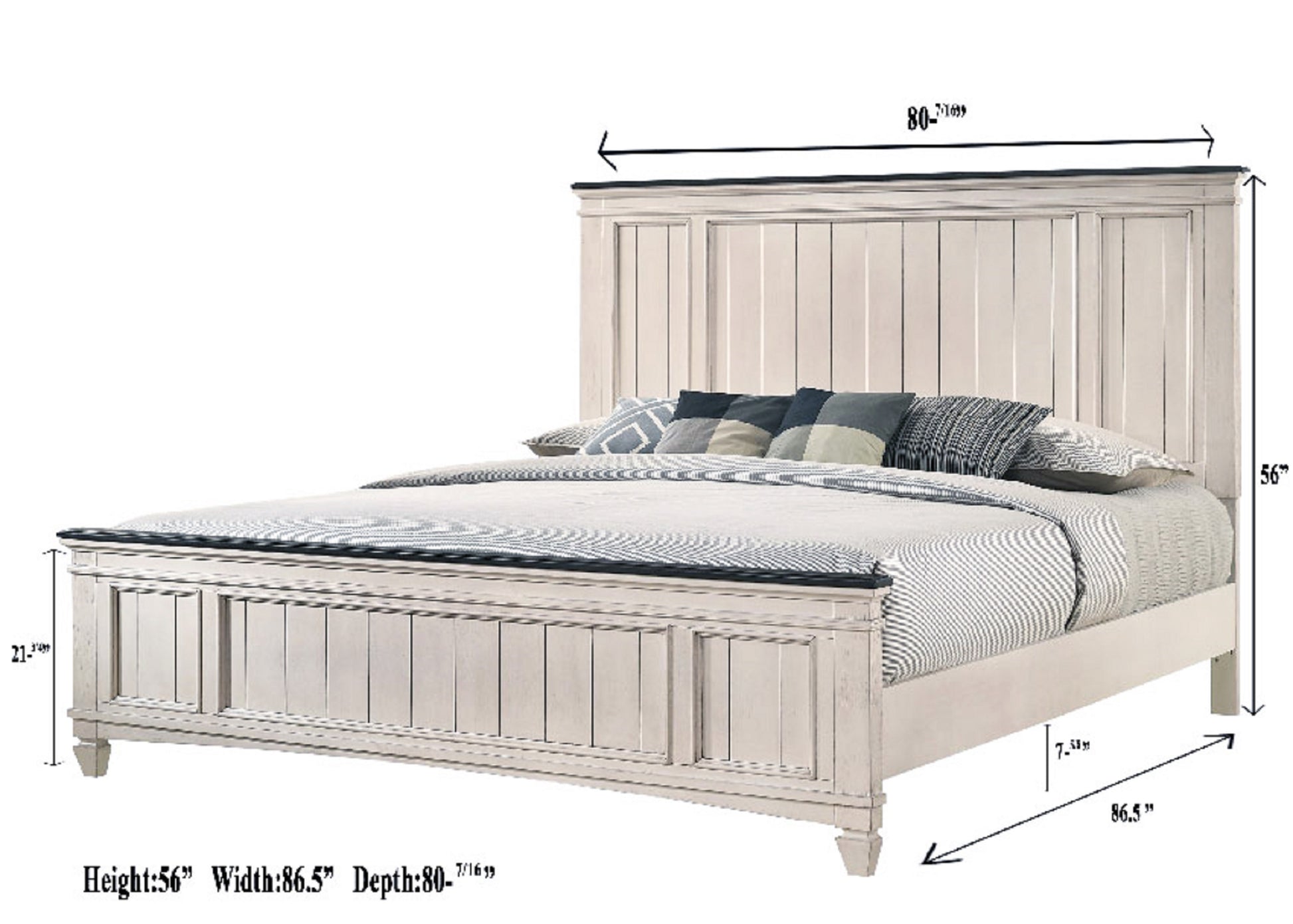 White panel headboard king bed frame with subtle distressing and carved legs